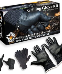 Grilling Glove Kit – 100 Black Nitrile Gloves – 4 Thick Cotton Liners – Disposable BBQ Gloves with Washable Heat-Resistant Liners – Replaceable Cover Oven Mitt for Barbecue and Smoking Meat