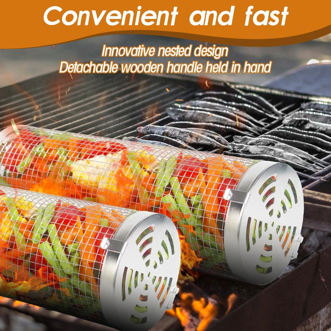 Rolling Grilling Baskets 2 PCS. Stainless Steel BBQ Net Tube Baskets with Oil Sprayer BBQ Accessories Tools for Vegetable Fish Meat Food Camping. Gifts for Men Dad and Husband - Image 3