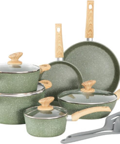 MAISON ARTS Pots and Pans Set Non Stick. 12 Piece Green Granite Kitchen Cookware Induction Compatible. Pot and Pan Sets for Cooking Nonstick