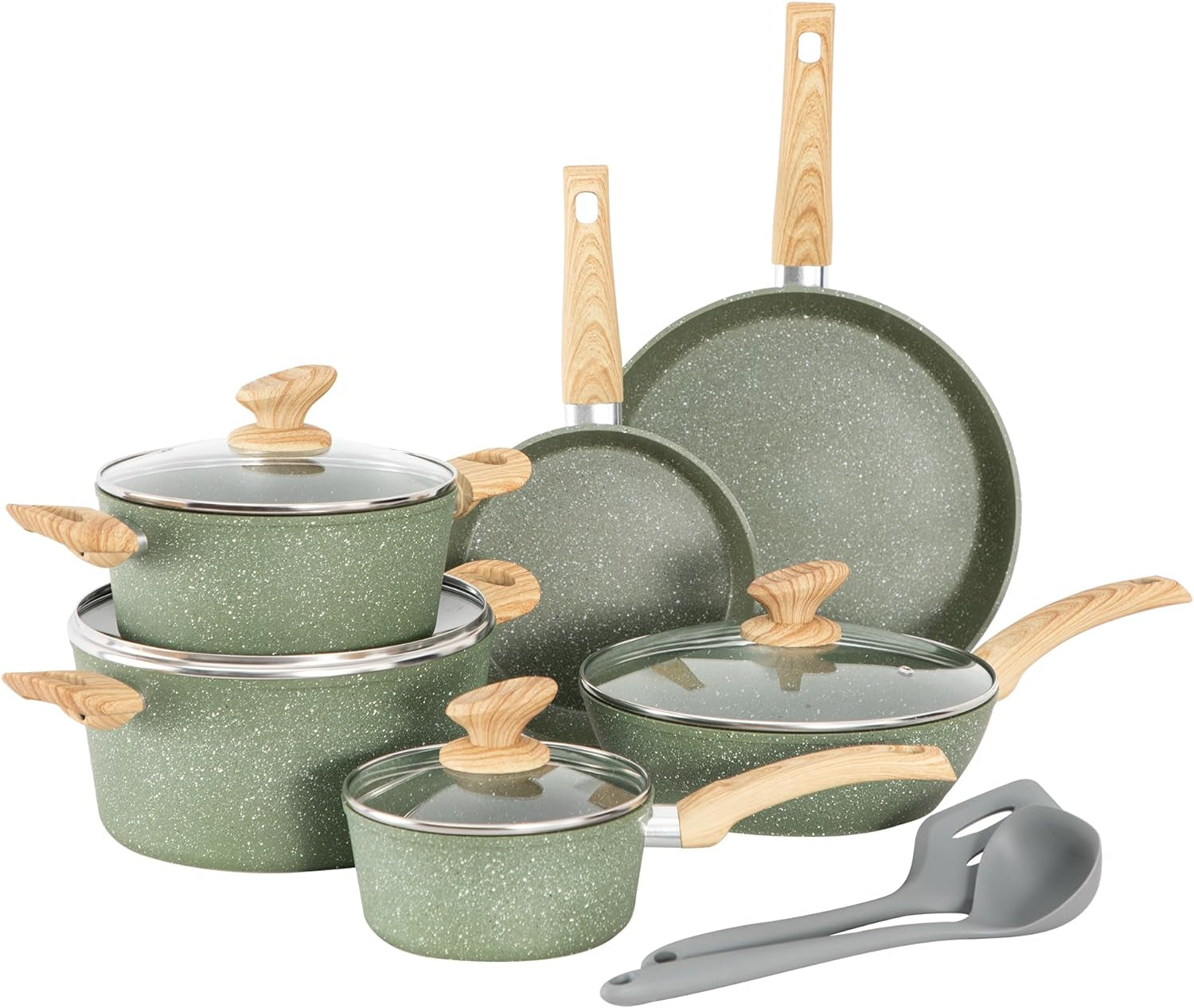 MAISON ARTS Pots and Pans Set Non Stick. 12 Piece Green Granite Kitchen Cookware Induction Compatible. Pot and Pan Sets for Cooking Nonstick