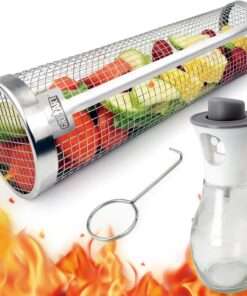 [Upgraded] Grilling Basket (Size XL). Dishwasher Safe round Grill Basket for Veggies. Stainless Steel Rolling Grilling Baskets for Outdoor Grilling. Durable. Easy to Store. Gifts for Men/Dad