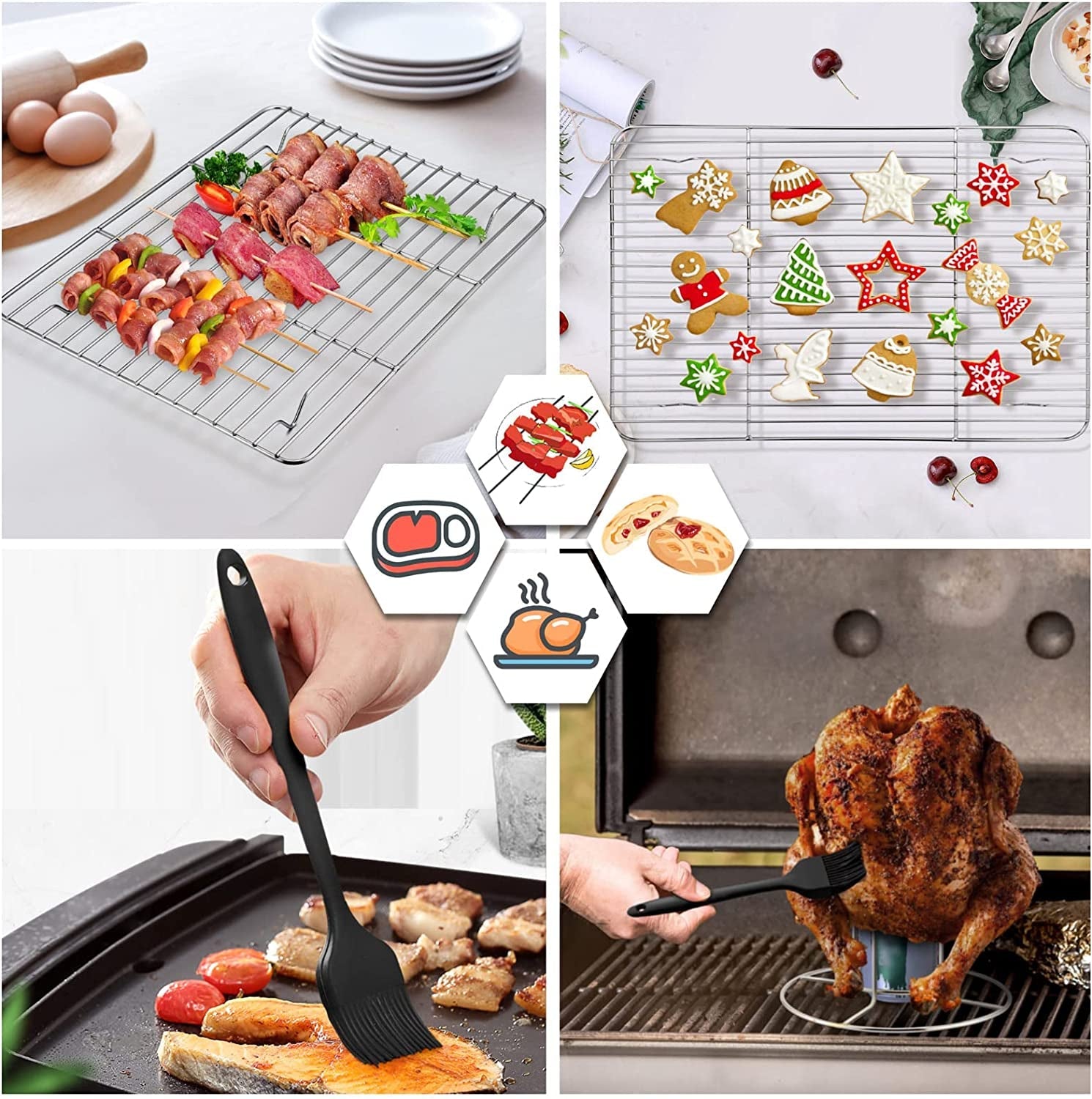 Teamfar Roasting Pan. 14 in Stainless Steel Turkey Roaster Pan with Cooling Rack & V Rack. Beer Can Chicken Holder/Meat Claws/Brush. Healthy & Dishwasher Safe. Set of 7 - Image 5