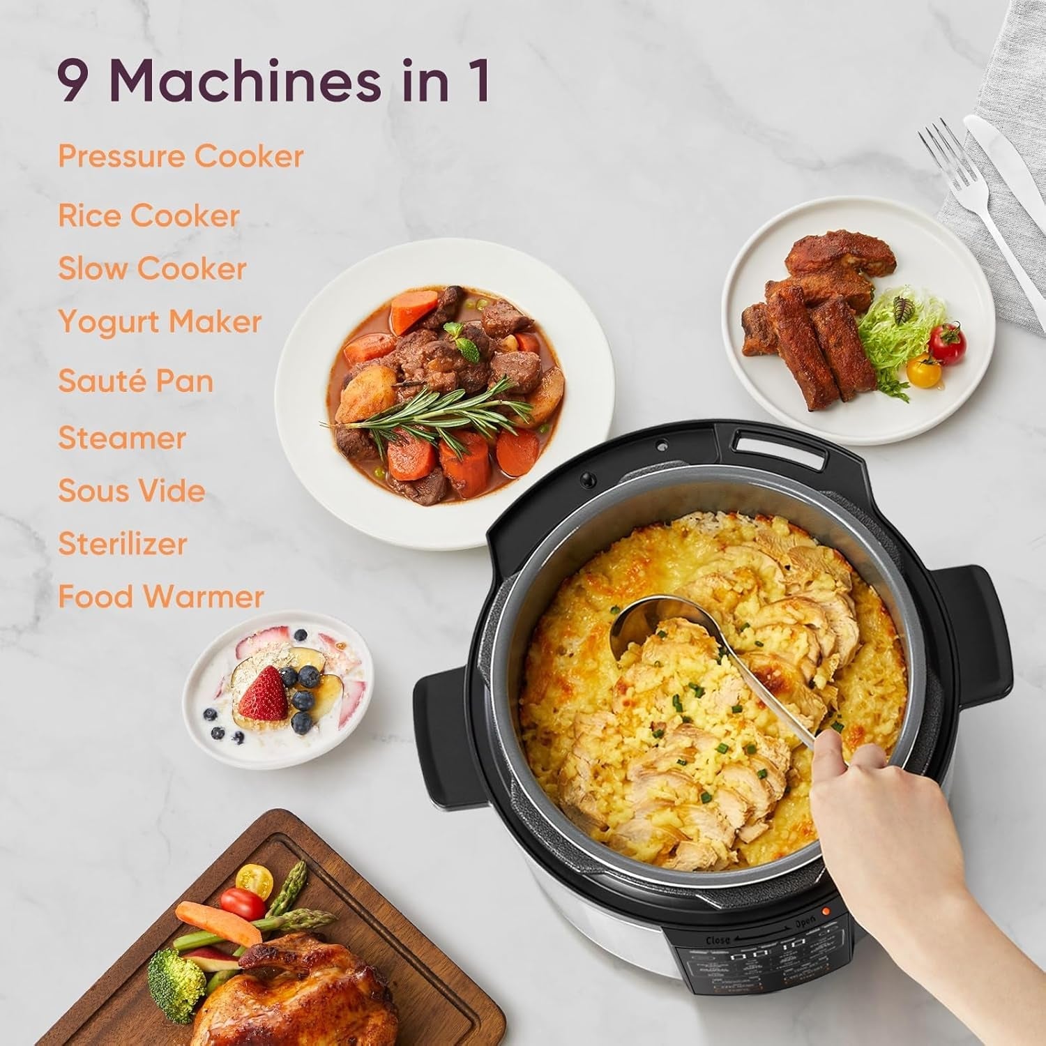 COSORI Pressure Cooker 6 Qt. 9-In-1 Instant Multi Kitchen Appliances. Safer Venting Design. Rice Cooker. Slow Cooking Pot. Sous Vide. Saute Pot. 1100W. Stainless Steel - Image 3