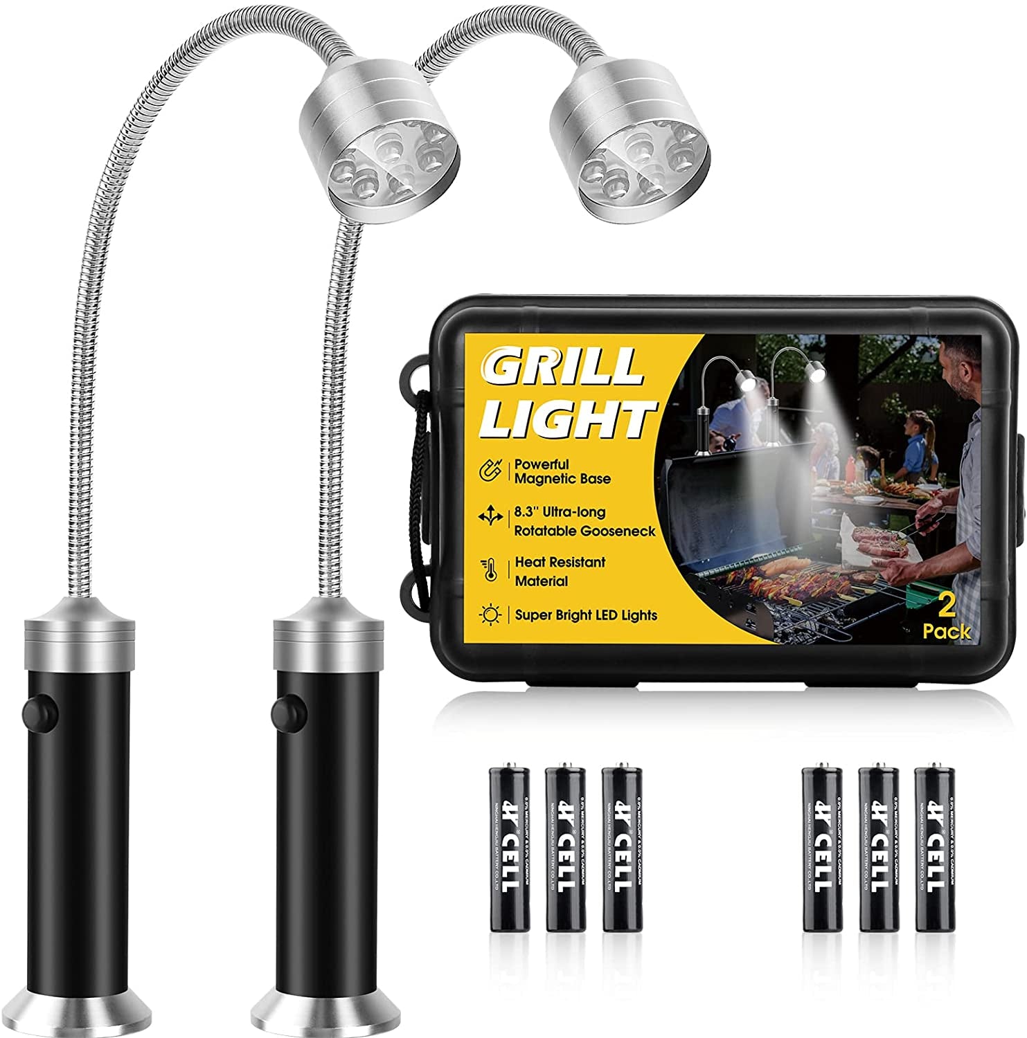 Barbecue Grill Lights. BBQ Accessories for Outdoor Grill with Magnetic Base. Super Bright LED. 360 Degree Flexible Gooseneck. Water and Heat Resistant. Batteries Included - Pack of 2
