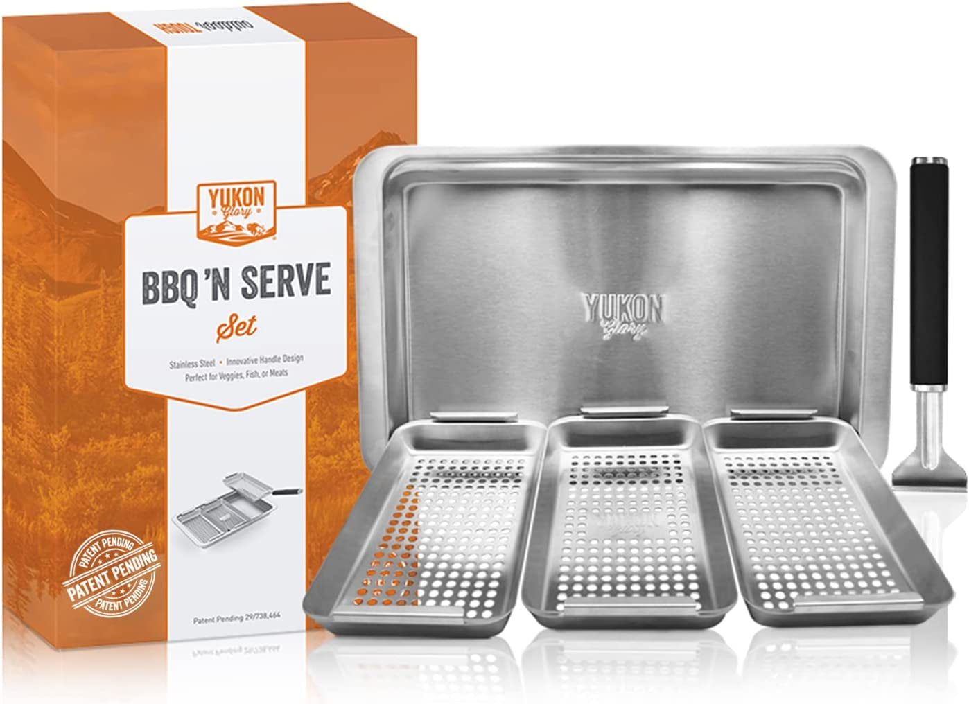 ™ BBQ 'N SERVE Grill Basket Set - Includes 3 Grilling Baskets a Serving Tray & Clip-On Handle - Patented Grill-To-Table Design Perfect for Grilling Fish Veggies & Meats - Image 9