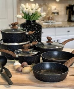 Kitchen Academy Induction Cookware Sets - 12 Piece Cooking Pan Set. Granite Black Nonstick Pots and Pans Set