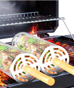 Nesting Rolling Grill Baskets 2PCS.304 Stainless Steel BBQ Tools with Removable Wooden Handle for Vegetables.Shrimp.Camping.Backyard.Outdoor Grilling Accessories.Grilling Gifts for Men