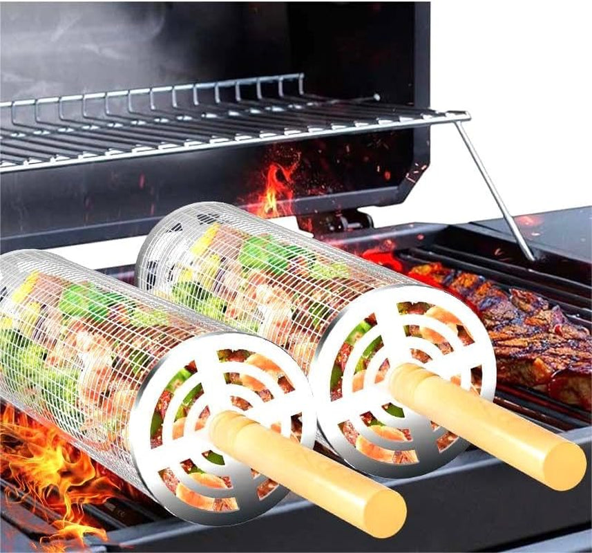 Nesting Rolling Grill Baskets 2PCS.304 Stainless Steel BBQ Tools with Removable Wooden Handle for Vegetables.Shrimp.Camping.Backyard.Outdoor Grilling Accessories.Grilling Gifts for Men - Image 10