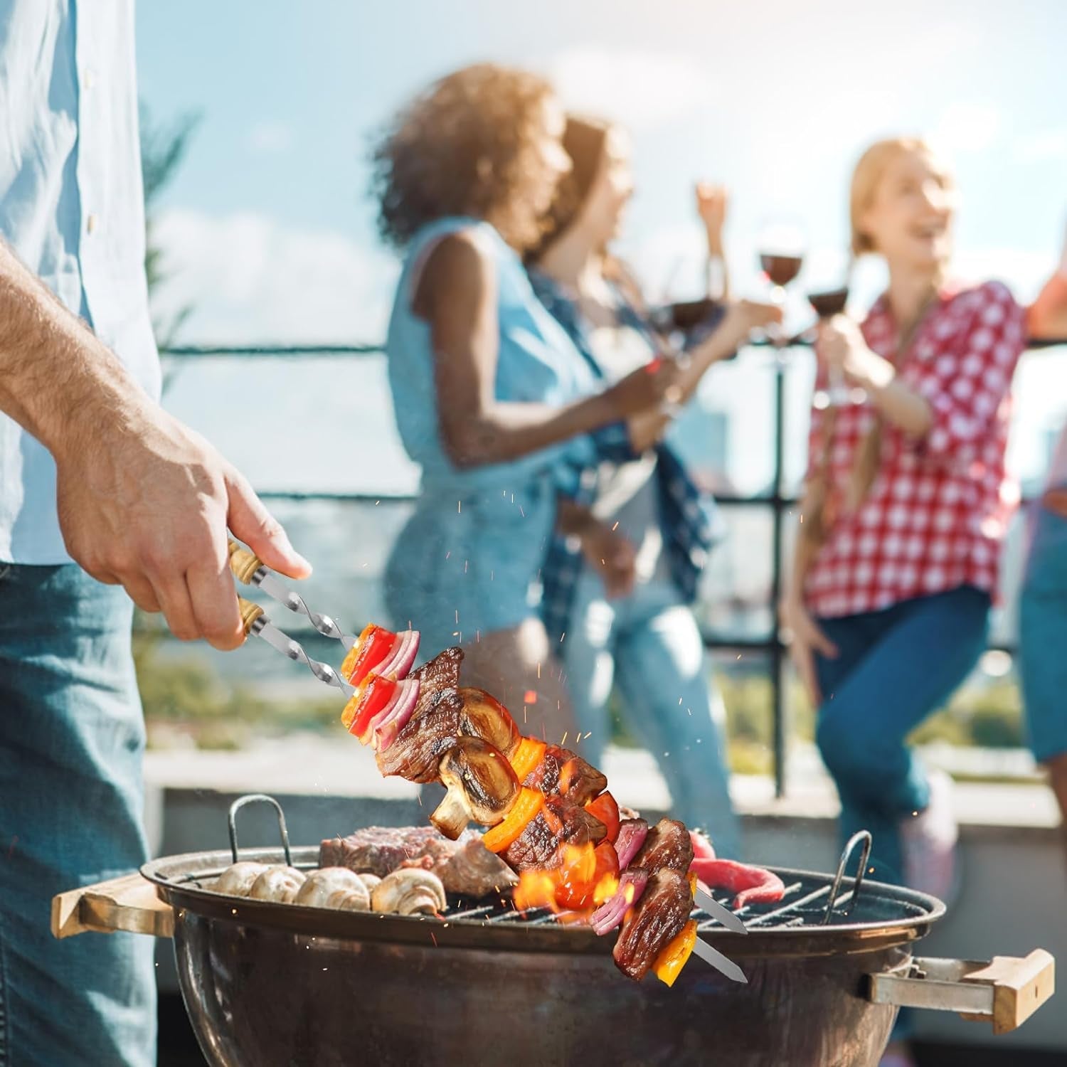 Kabob Skewers.23.6 Inch Flat Skewers for Grilling with Wooden Handle.Reusable Stainless Steel Metal BBQ Barbecue Skewer.Shish Kebab Stick Set for Meat Shrimp Chicken Vegetable-12Pcs. - Image 4