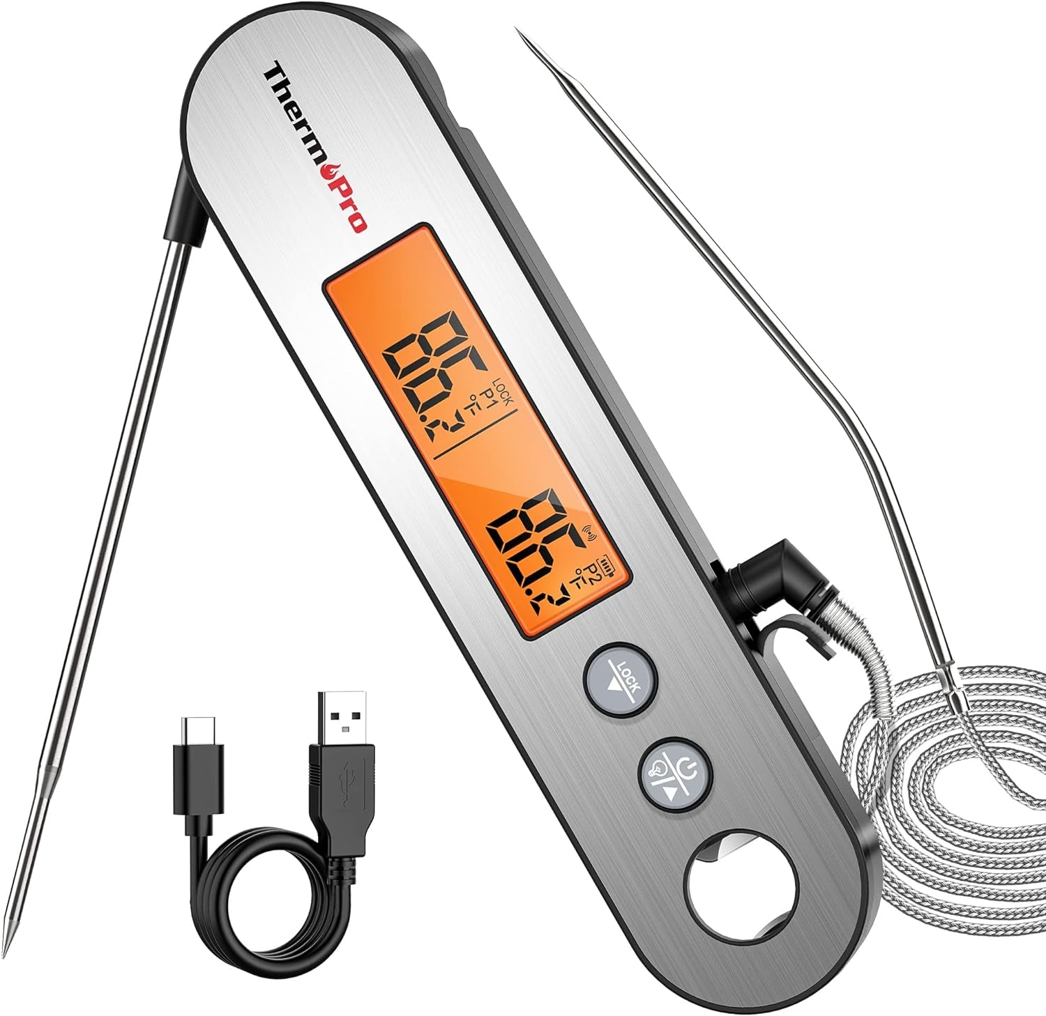 TP610 Digital Meat Thermometer for Cooking. Rechargeable Instant Read Food Thermometer with Rotating LCD Screen. Waterproof Cooking Thermometer with Alarm for Grilling. Smoker. BBQ. Oven
