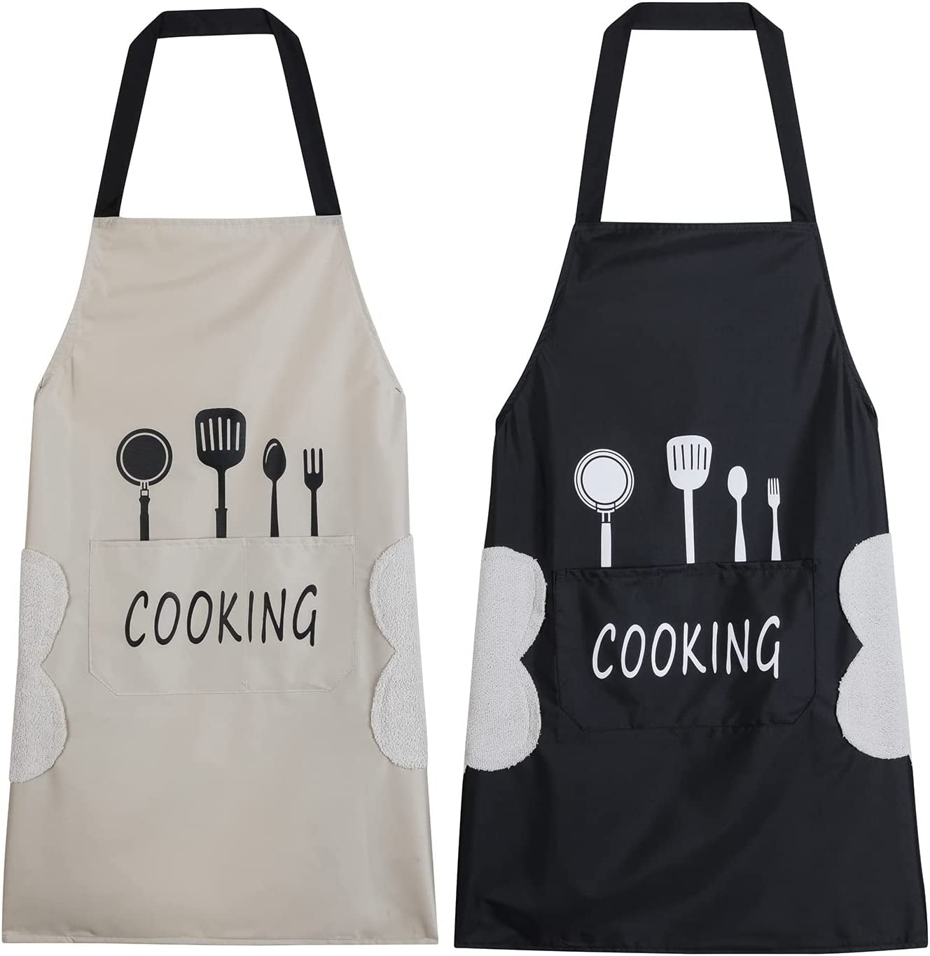 2 Pack Kitchen Apron with Hand Wipe.Water-Drop Resistant with 2 Pockets Cooking Bib Aprons for Women Men Chef
