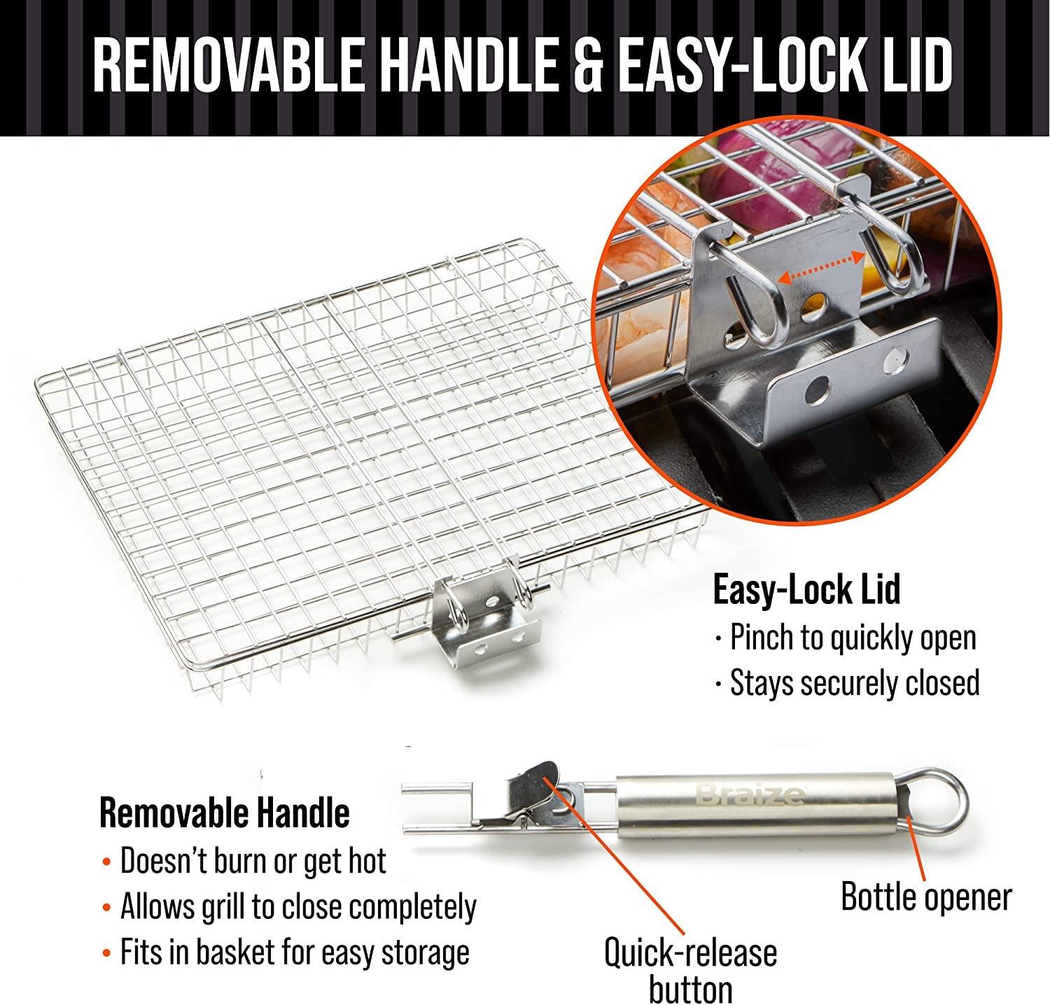 Braize Grill Basket with REMOVABLE HANDLE. Fish Grill Basket - Accessories for Outdoor Grill. Cooking Accessories. Bbq Grill. Grilling Grilling Set Camping Gear Accessories. - Image 3