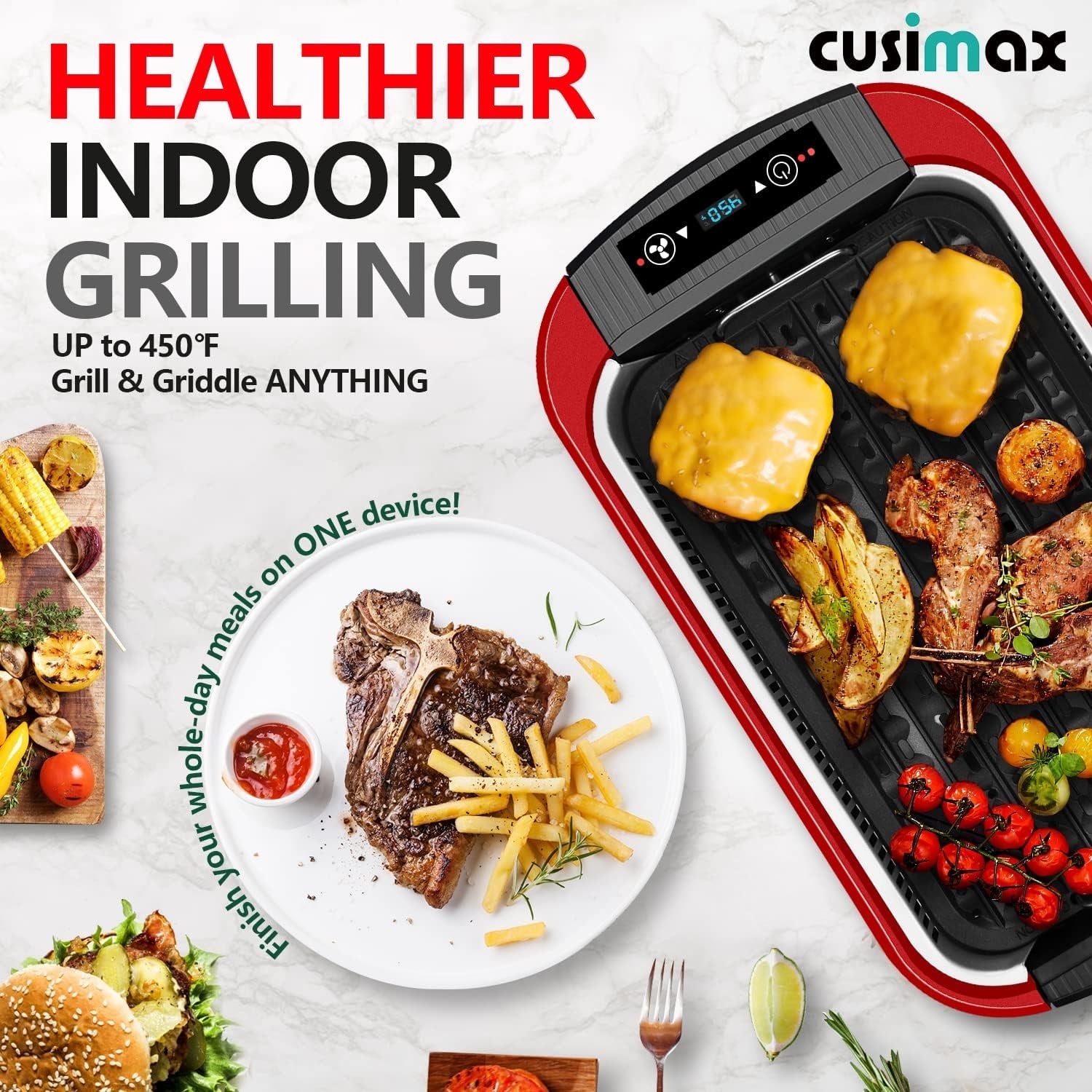 Indoor Grill. CUSIMAX Smokeless Grill Indoor. Electric Grill Griddle. 1500W Korean BBQ Grill with LED Smart Display & Tempered Glass Lid. Non-Stick Removable Grill Plate & Griddle Plate. Red - Image 5