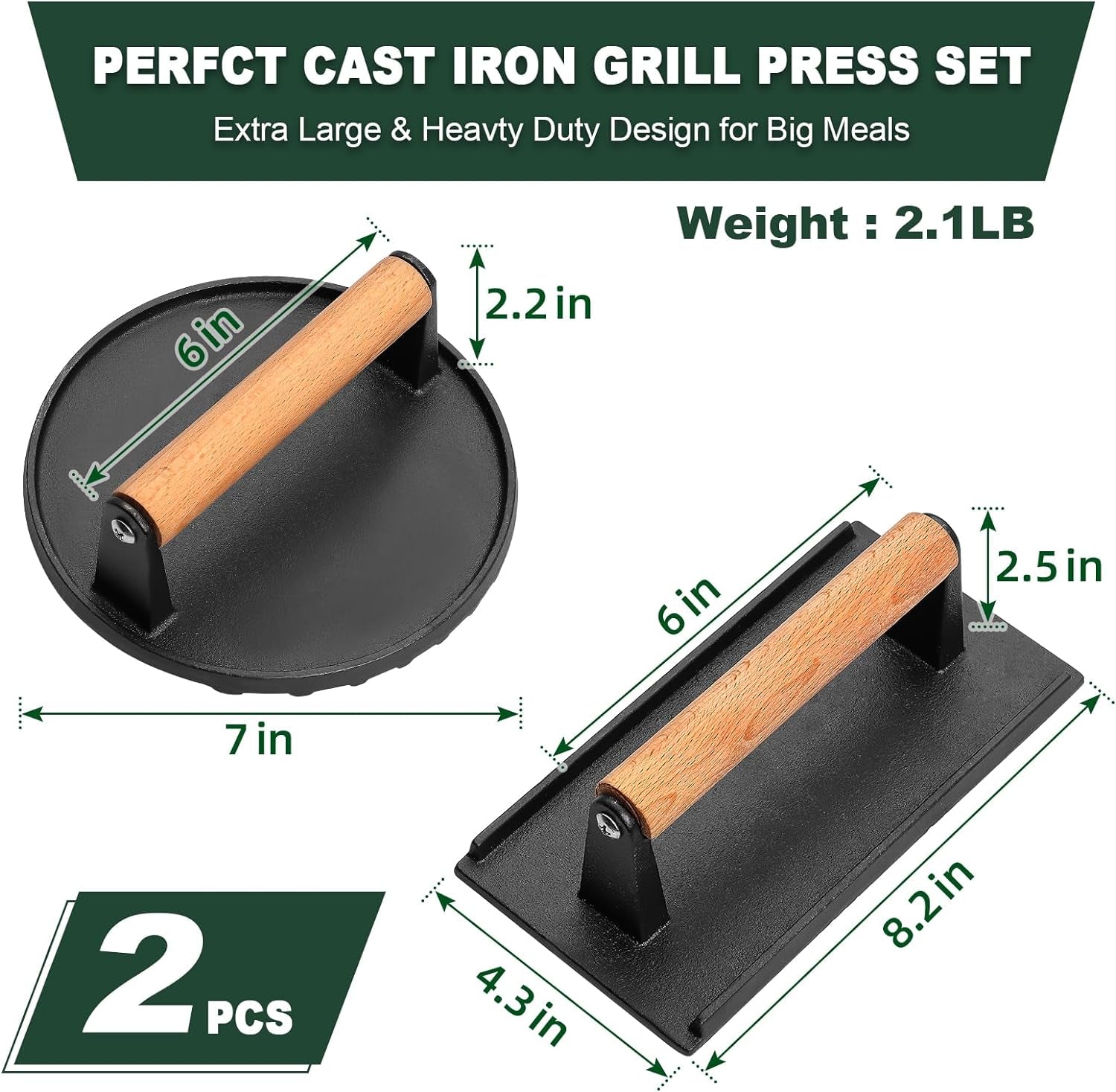 CEKEE 2PCS Burger Press. 7 round & 8.2X 4.3 Rectangle. Heavy-Duty Cast Iron Grill Press with Wood Handle. Smash Burger Press Perfects for Blackstone Griddle. Flat Tops. Grills & Camp Chef - Image 7
