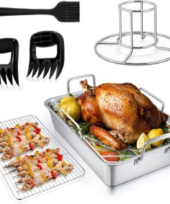 Teamfar Roasting Pan. 14 in Stainless Steel Turkey Roaster Pan with Cooling Rack & V Rack. Beer Can Chicken Holder/Meat Claws/Brush. Healthy & Dishwasher Safe. Set of 7