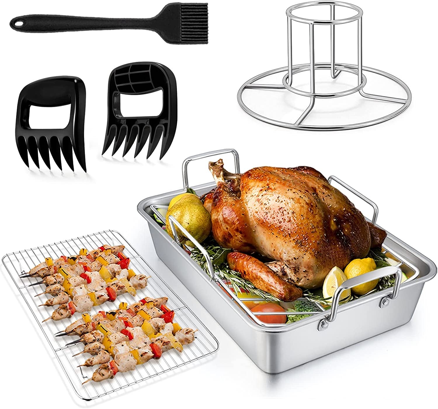 Teamfar Roasting Pan. 14 in Stainless Steel Turkey Roaster Pan with Cooling Rack & V Rack. Beer Can Chicken Holder/Meat Claws/Brush. Healthy & Dishwasher Safe. Set of 7