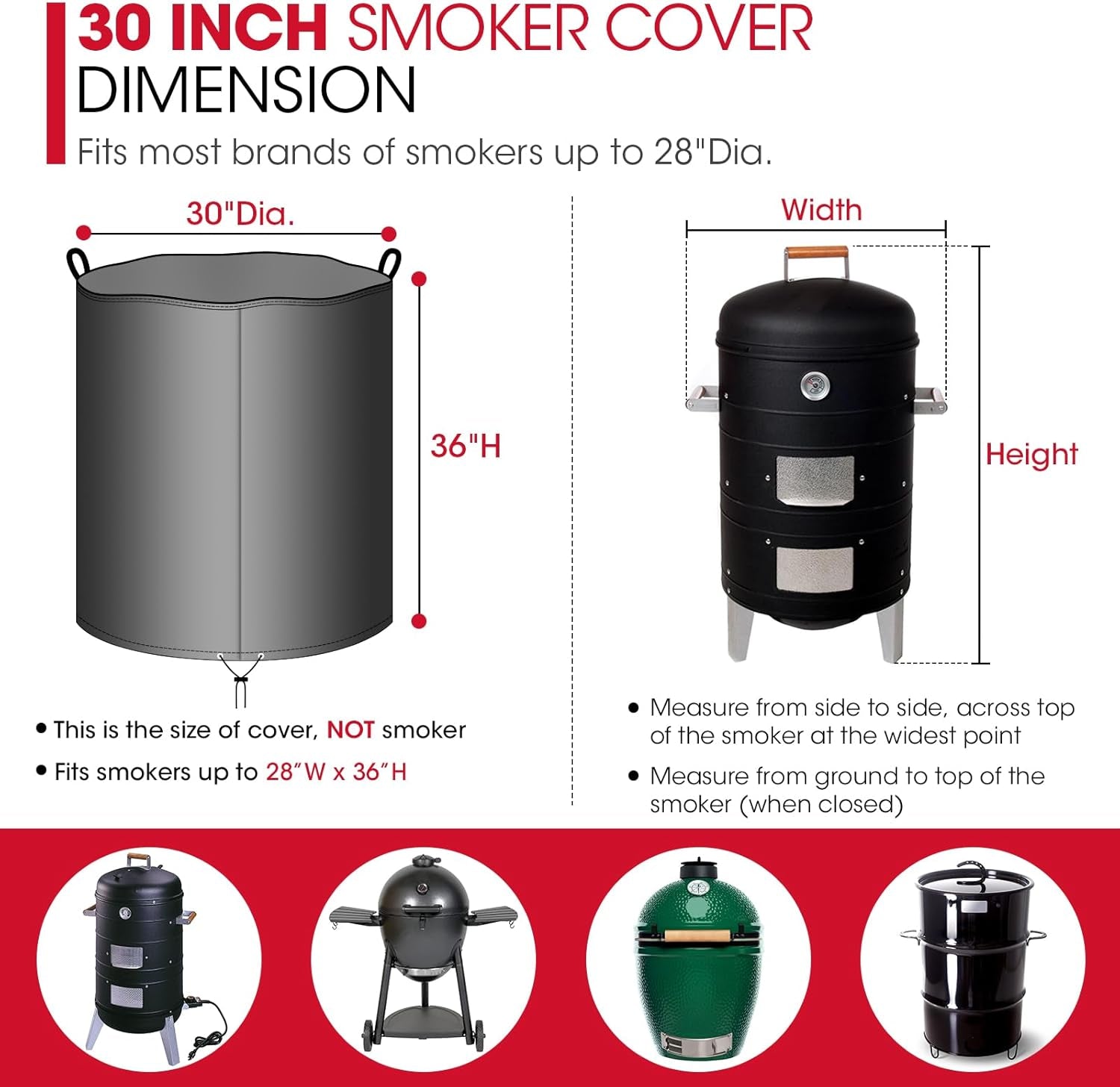 Unicook round Smoker Cover 30 Inch. Heavy Duty Waterproof Charcoal Kettle BBQ Grill Cover. Fade Resistant Barrel Protector. Fits Weber Char-Griller Akorn Kamado and More. 30 Dia X 36 H - Image 2