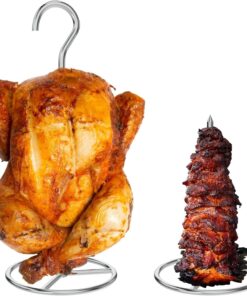 Vertical Skewer Turkey Fryer Stand Kit. Al Pastor Skewer with Removable Size Spikes (1 Base. 1 Skewers and 1 Chicken Hangers). Turkey Hanger Chicken Rack for Grill Meat. Stainless Steel