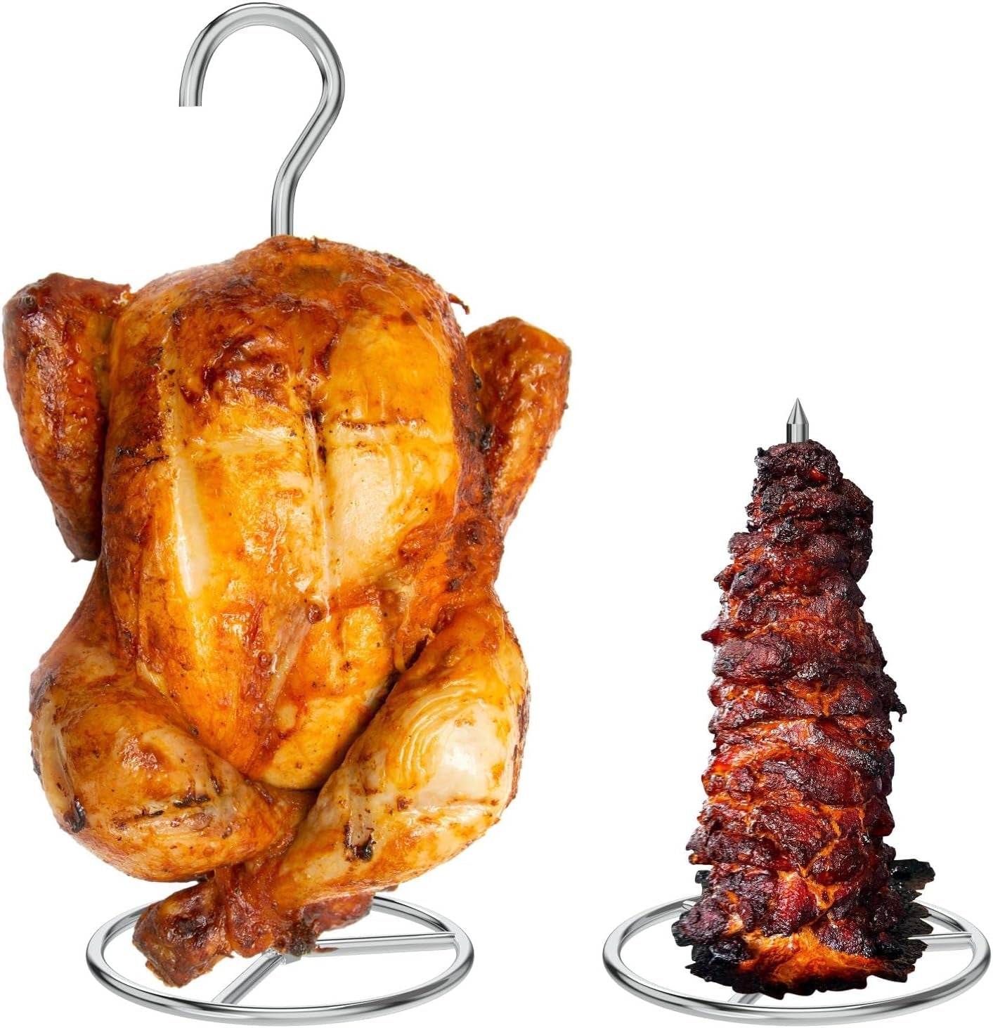 Vertical Skewer Turkey Fryer Stand Kit. Al Pastor Skewer with Removable Size Spikes (1 Base. 1 Skewers and 1 Chicken Hangers). Turkey Hanger Chicken Rack for Grill Meat. Stainless Steel