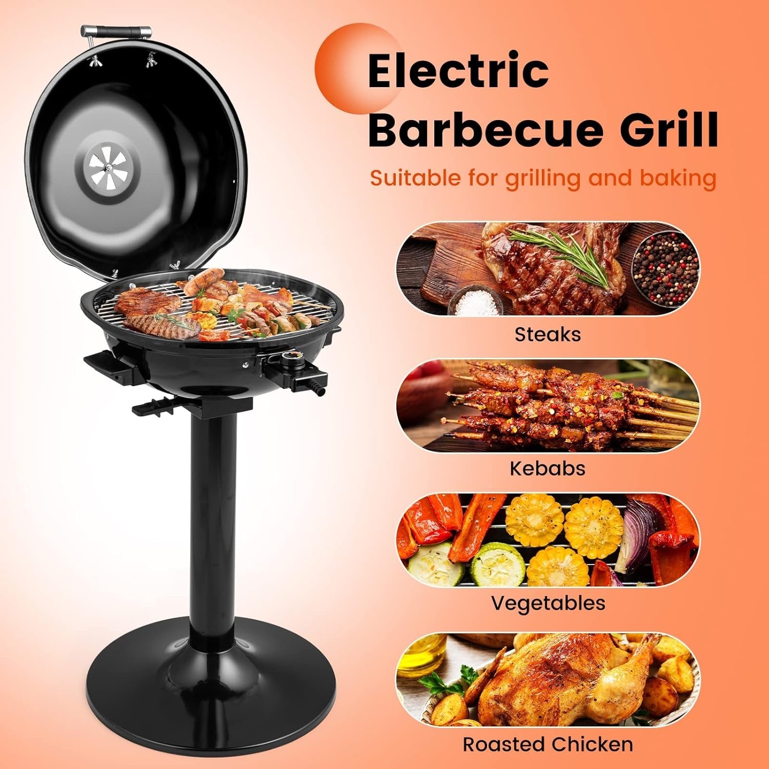 COSTWAY Electric BBQ Grill. Portable Grill with Metal Cooking Grilling Rack. Detachable Temperature Control & Removable Grease Collector. Outdoor Freestanding Grill for Camping &Tailgating (Black) - Image 5