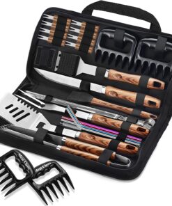 ROMANTICIST 27Pcs Heavy Duty BBQ Tools Gift Set for Men Dad. Extra Thick Stainless Steel Grill Utensils with Meat Claws. Grilling Accessories Kit in Portable Carrying Bag for Camping. Backyard Brown