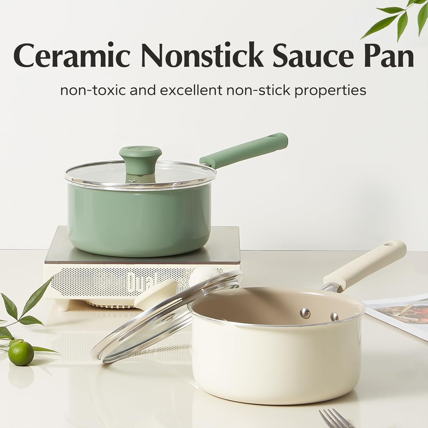 Redchef 3QT Ceramic Nonstick Saucepan with Lid – PFAS Free. Cool Handle. All Cooktops. Green - Image 2