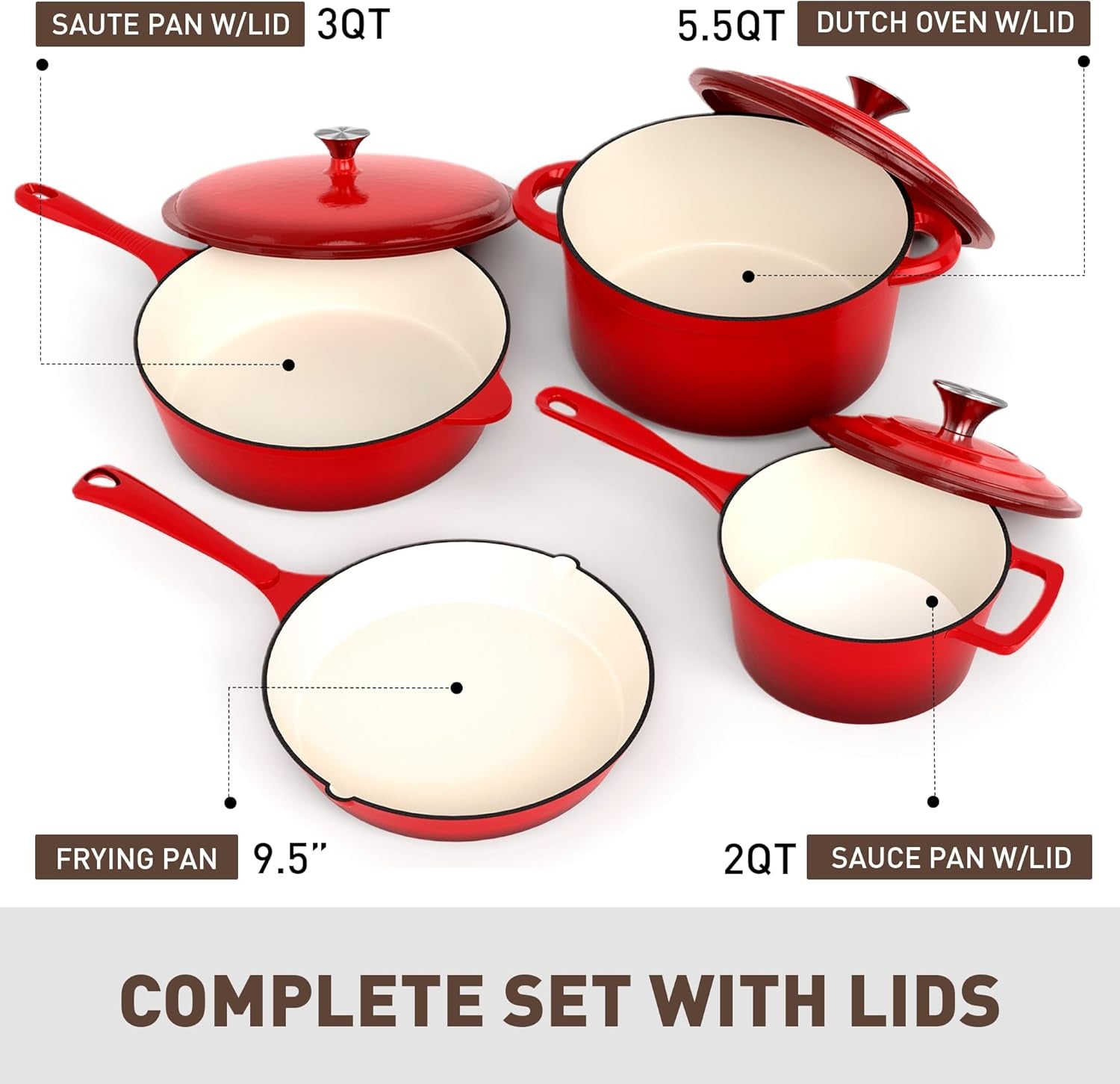 MAISON ARTS Enamel Cast Iron 7 Piece Cookware Set. Heavy Duty Dutch Ovens Pot with Lid. Red Non Stick Pots and Pans Sets. Oven Safe up to 500°F - Image 2