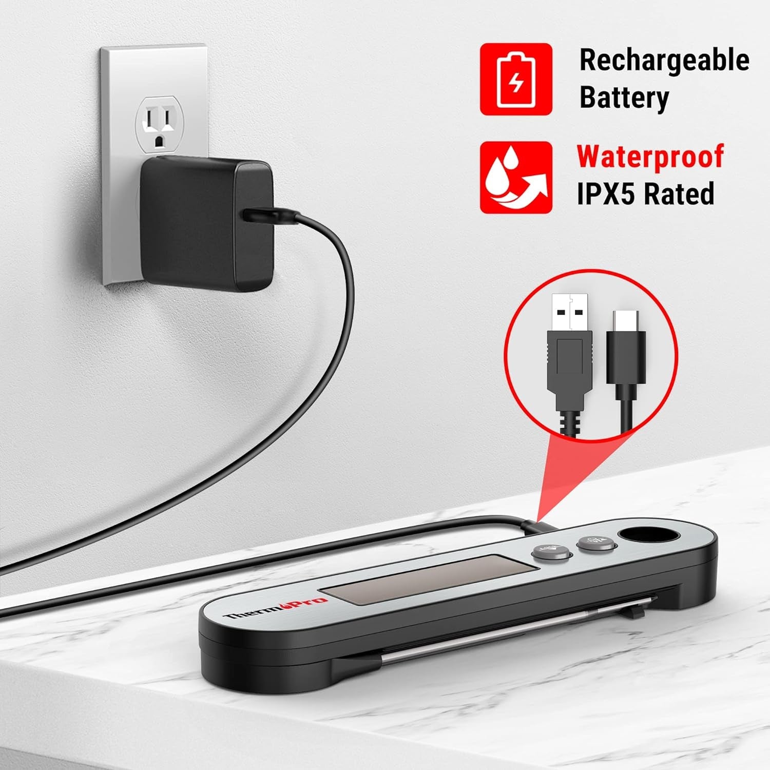 TP610 Digital Meat Thermometer for Cooking. Rechargeable Instant Read Food Thermometer with Rotating LCD Screen. Waterproof Cooking Thermometer with Alarm for Grilling. Smoker. BBQ. Oven - Image 6