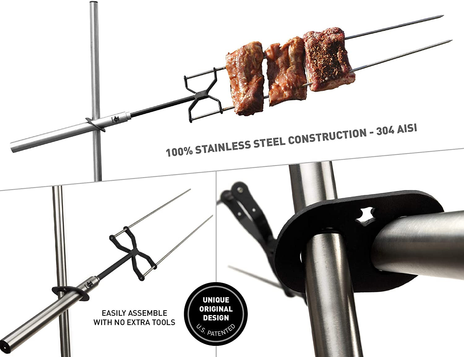 Rotisserie Grill - Heavy Duty Electric Rotisserie Kit for Home. Portable for Camping & Outdoors - Motor Works with 110-240V. AA Batteries or Solar - Stainless Steel. 22 LB Capacity. Bag Included - Image 2