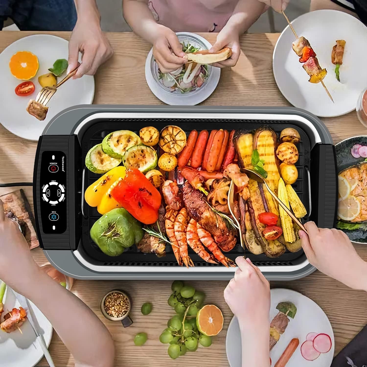 Techwood Indoor Grill Smokeless Grill. 1500W Indoor Korean BBQ Electric Tabletop Grill with Tempered Glass Lid. Removable Grill and Griddle Plates with Drip Tray. Gray - Image 7