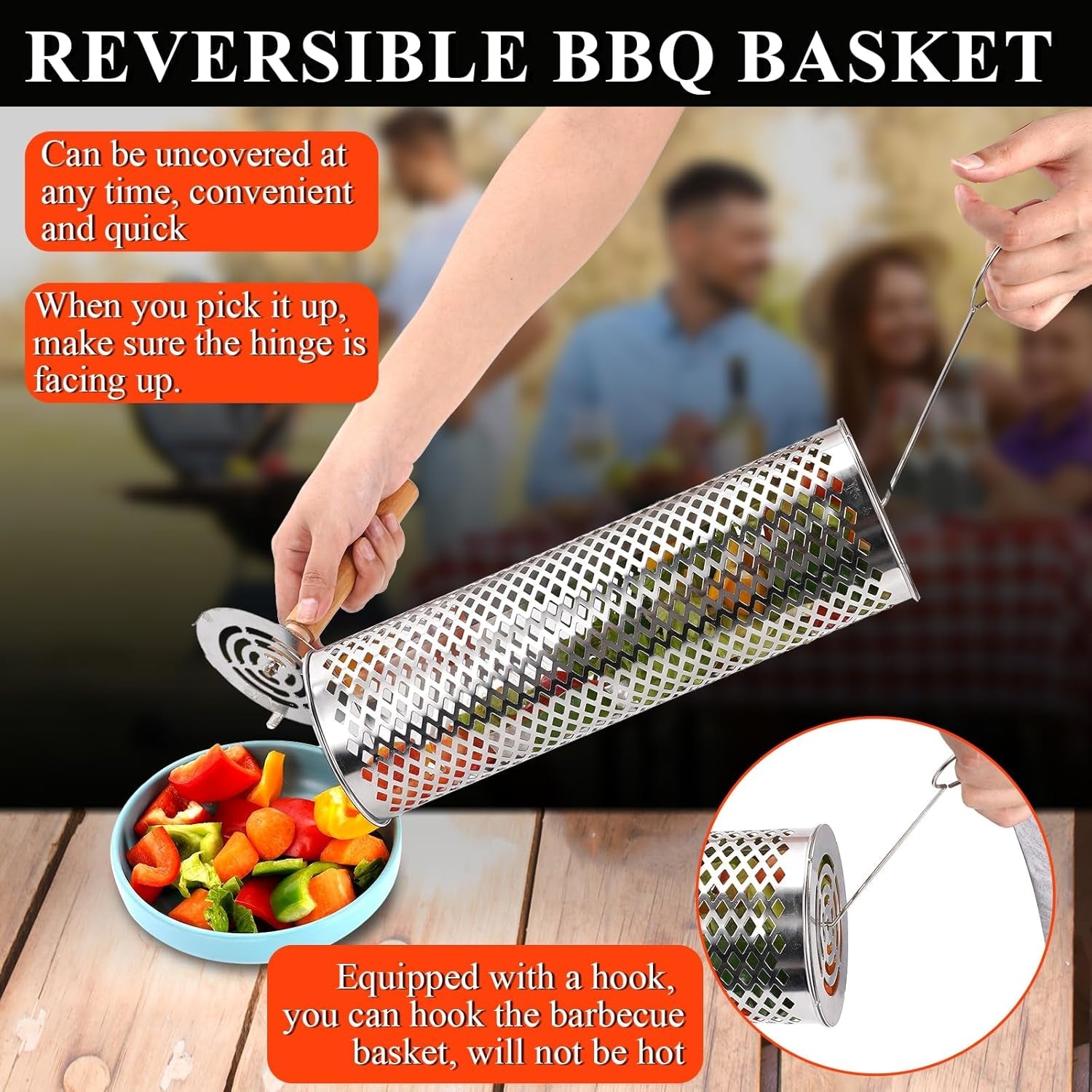 Rolling Grill Baskets(2 PCS).304 Stainless Steel with Removable Wooden Handle. Rolling Grilling Net for Vegetables. Shrimp. Fish. BBQ Accessories for Outdoor Cooking. Camping. Birthday Gifts for Men. Dad. Husband - Image 8