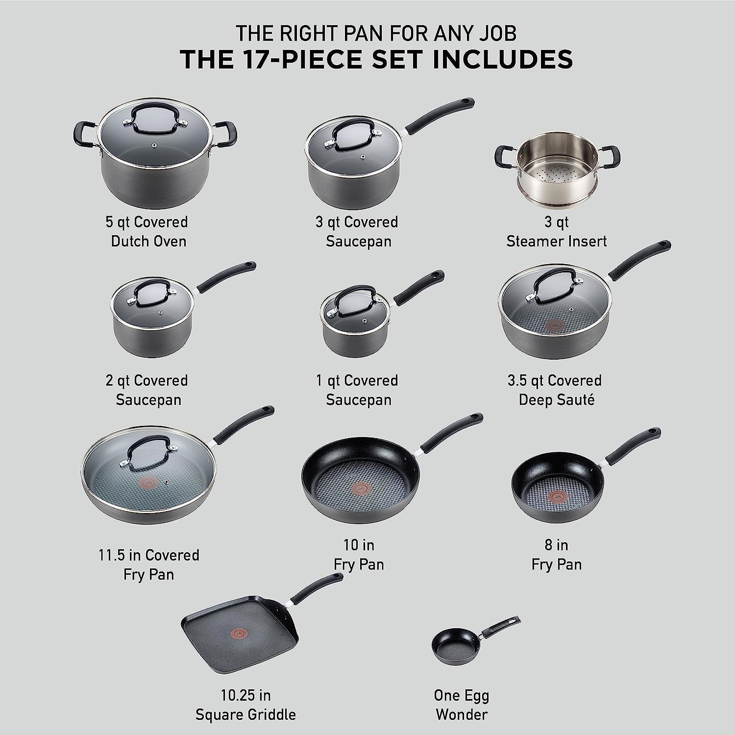 T-Fal Ultimate Hard Anodized Nonstick Cookware Set 17 Piece. Oven Broiler Safe 400F. Lid Safe 350F. Kitchen Cooking Set W/Fry Pans. Saucepans. Saute Pan. Griddle. Pots and Pans. Dishwasher Safe Black - Image 2
