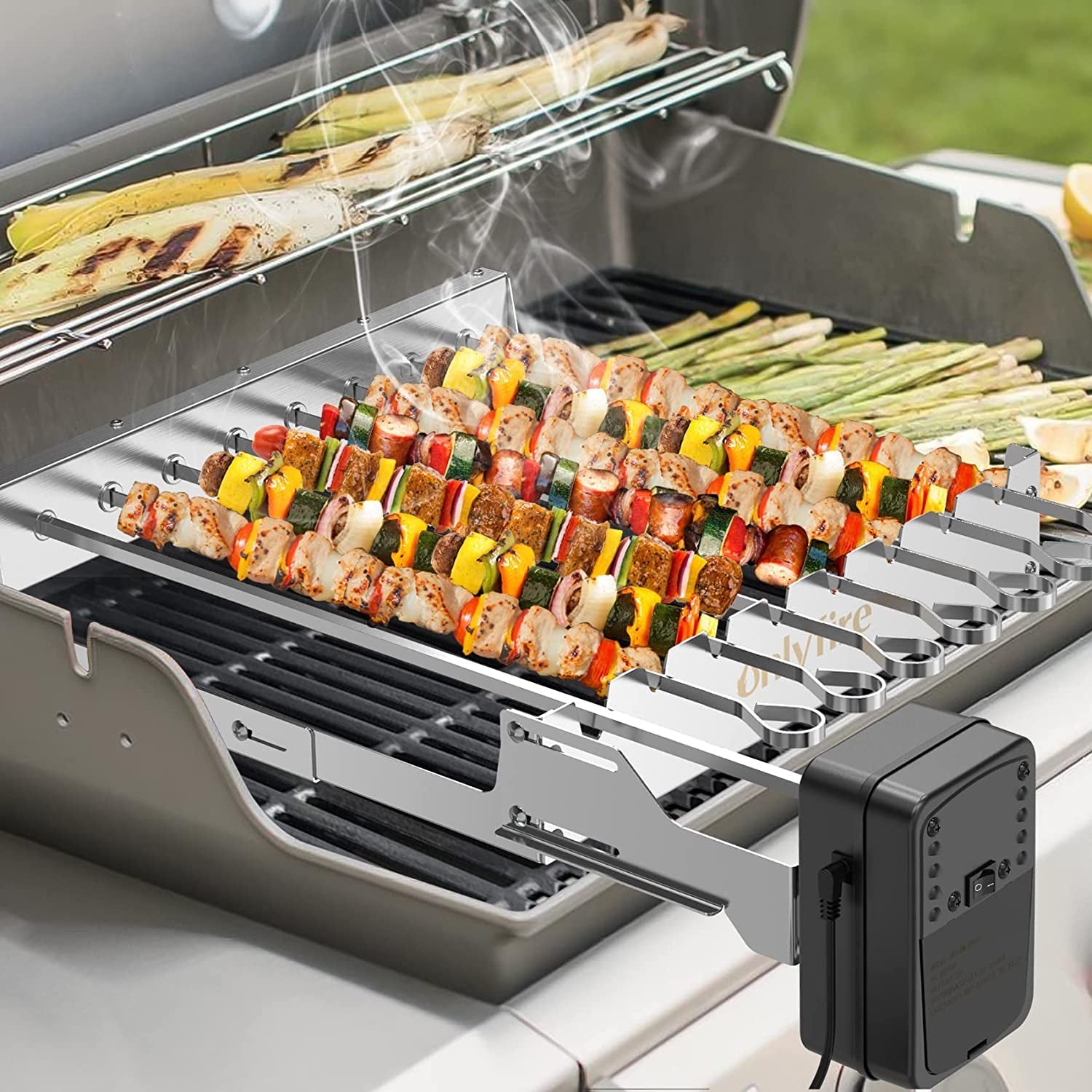 Only Fire Stainless Steel Electric Skewer Turner. Rotated Grilling Rack Shish Kabob Set with 7 Skewers and Dual-Purpose Rotisserie Motor - Image 6