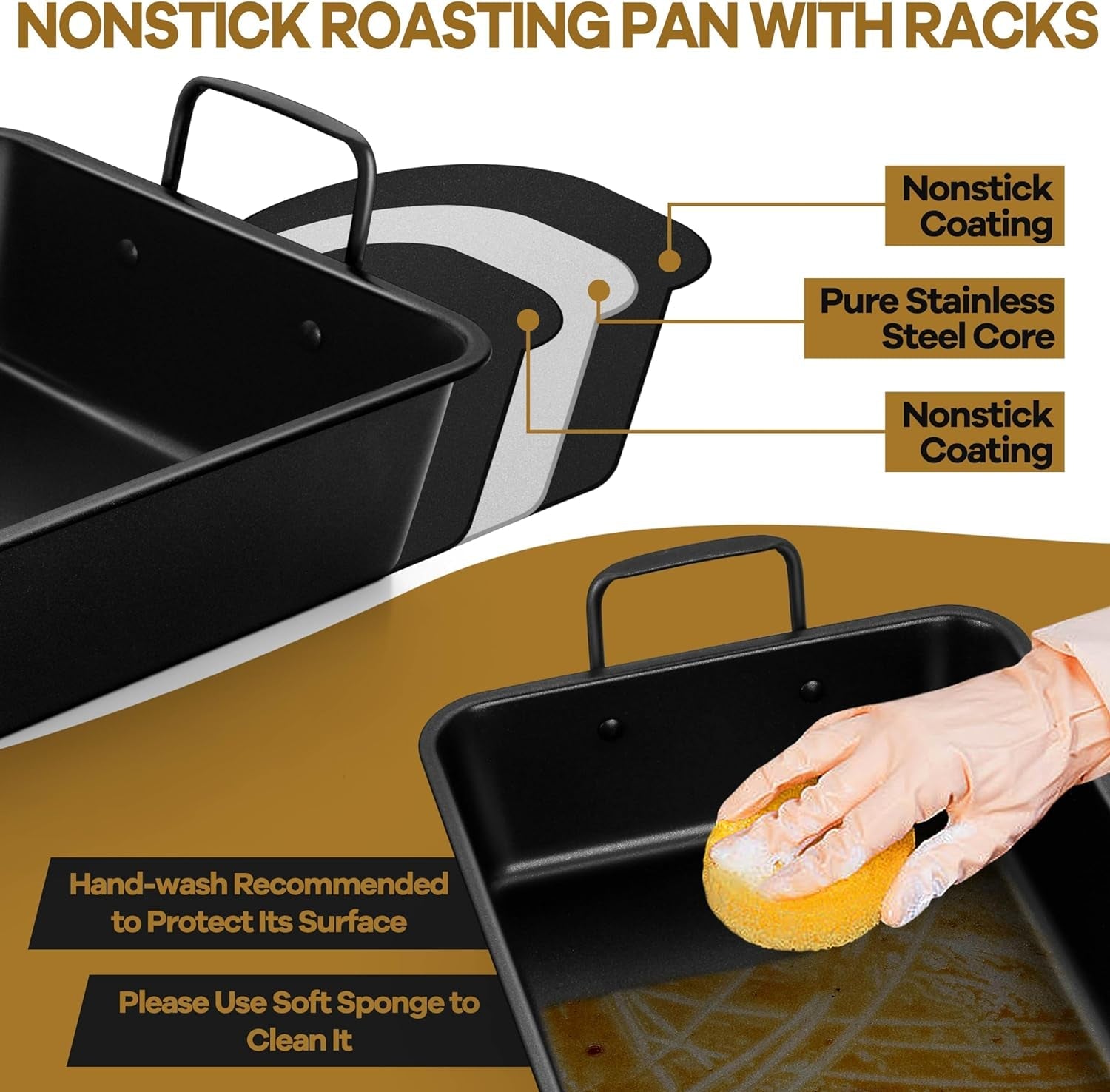 Large Roasting Pan with Rack Set of 3. P&P CHEF 15¼ Turkey Roaster Pan & V-Shape Baking Rack & Cooling Rack for Chicken Rib Lasagna Cookie. Nonstick Coating & Stainless Steel Core. Sturdy & Healthy - Image 7
