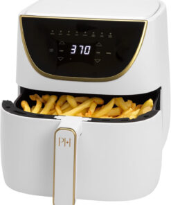 Paris Hilton Air Fryer. Large 6-Quart Capacity. Nonstick Made without PFAS. Touchscreen Display. 8-In-1 (Air Fry. Roast. Broil. Bake. Reheat. Keep Warm. Pizza. Dehydrate). Dishwasher Safe. White
