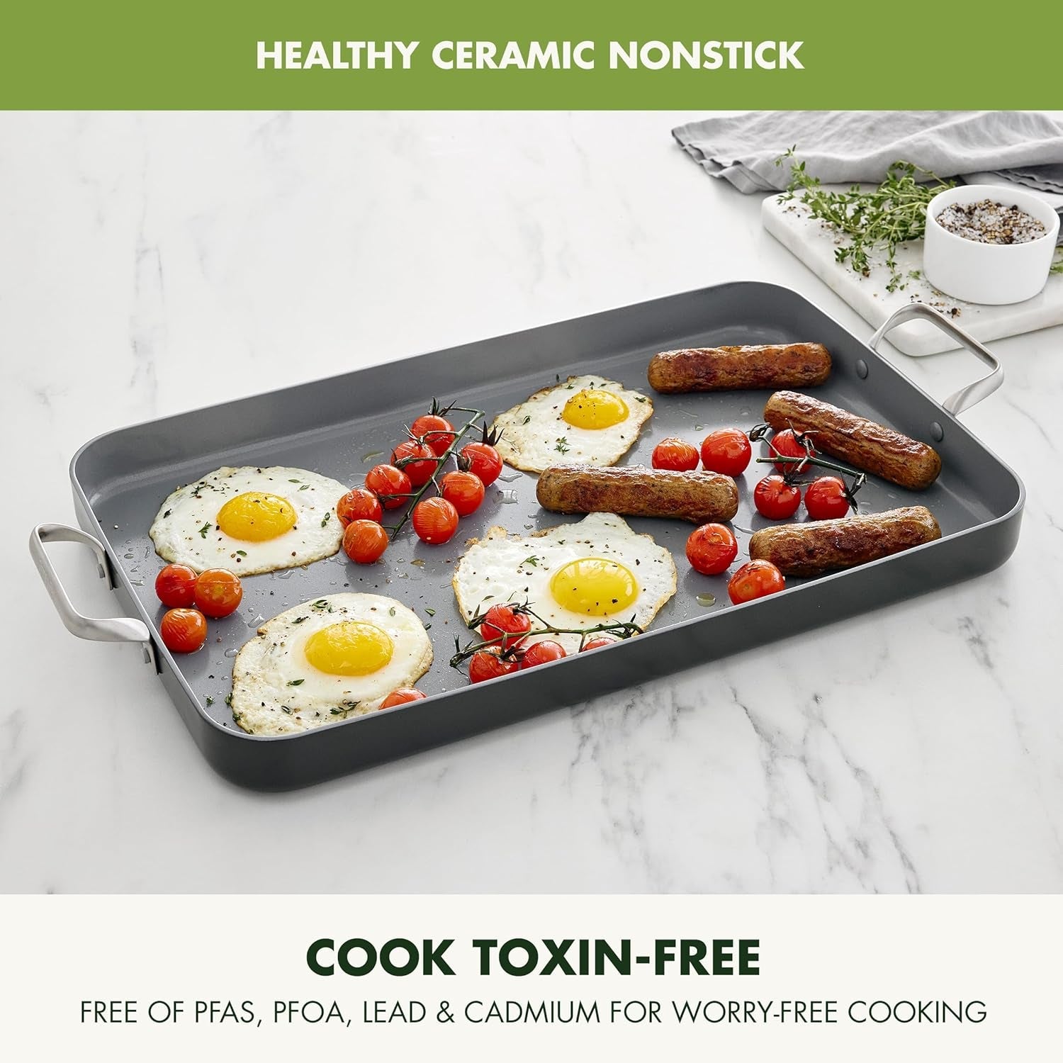 Greenpan Valencia Pro 18 X 11 Double Burner Griddle Pan. Induction Suitable. Ceramic Nonstick Pfas-Free. Rectangular Stovetop Cookware. Stainless Steel Handles. Dishwasher. Oven & Broiler Safe. Gray - Image 3