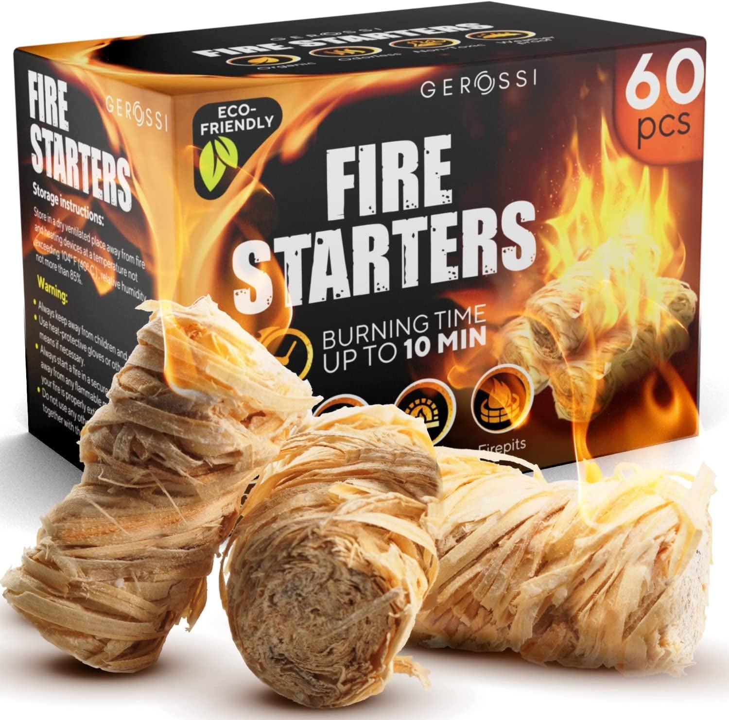 Fire Starter - Natural Pine Fire Starters for Fireplace. Campfires. Grill. Wood & Pellet Stove. Chimney. Fire Pit. BBQ. Smoker - 60 Pack W/10 Min Burning Time - All Weather & Odorless Firestarter