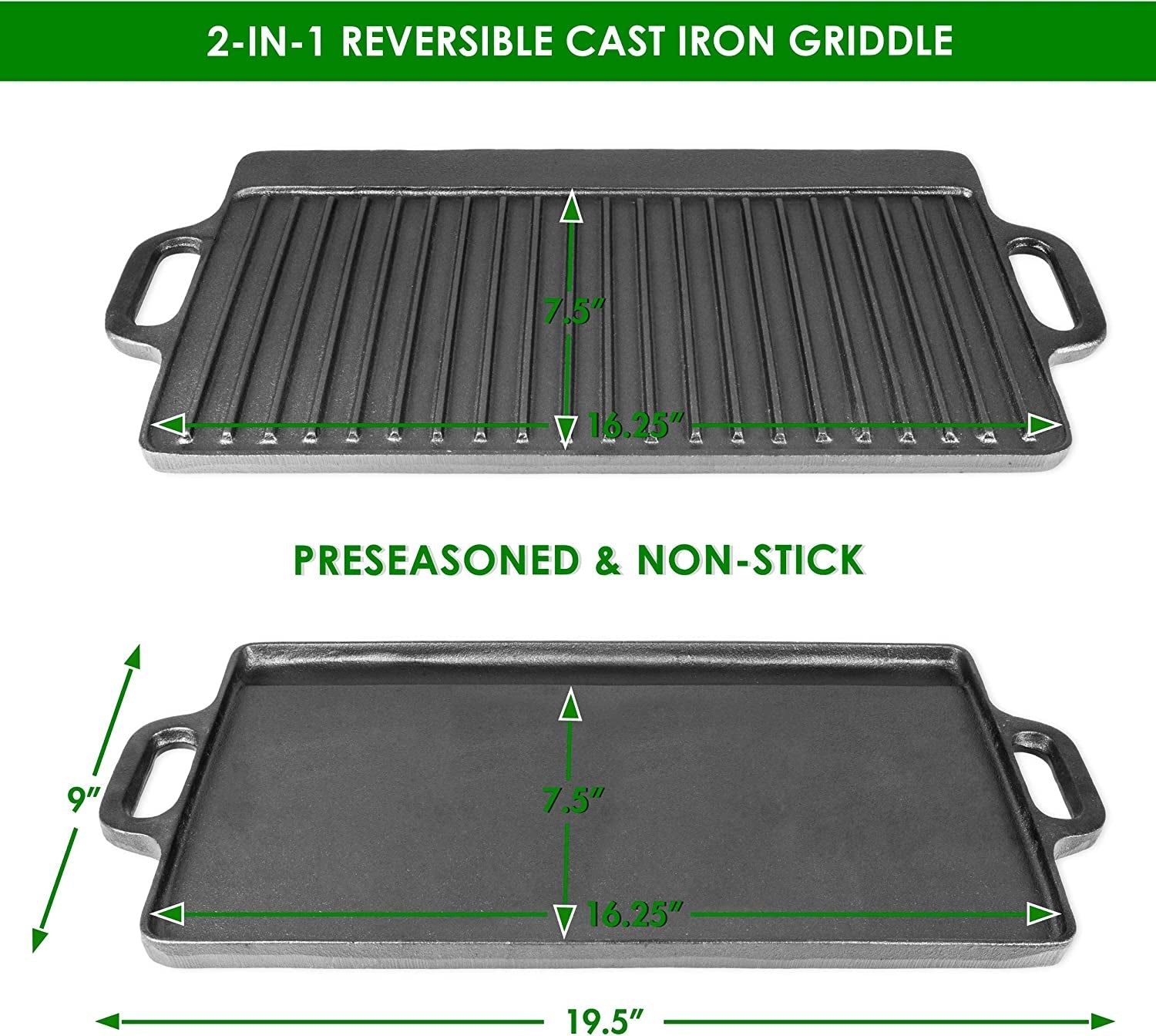 Prosource 2-In-1 Reversible 19.5 X 9 Cast Iron Griddle with Handles. Preseasoned & Non-Stick for Gas Stovetop. Oven and Open Fire. - Image 2