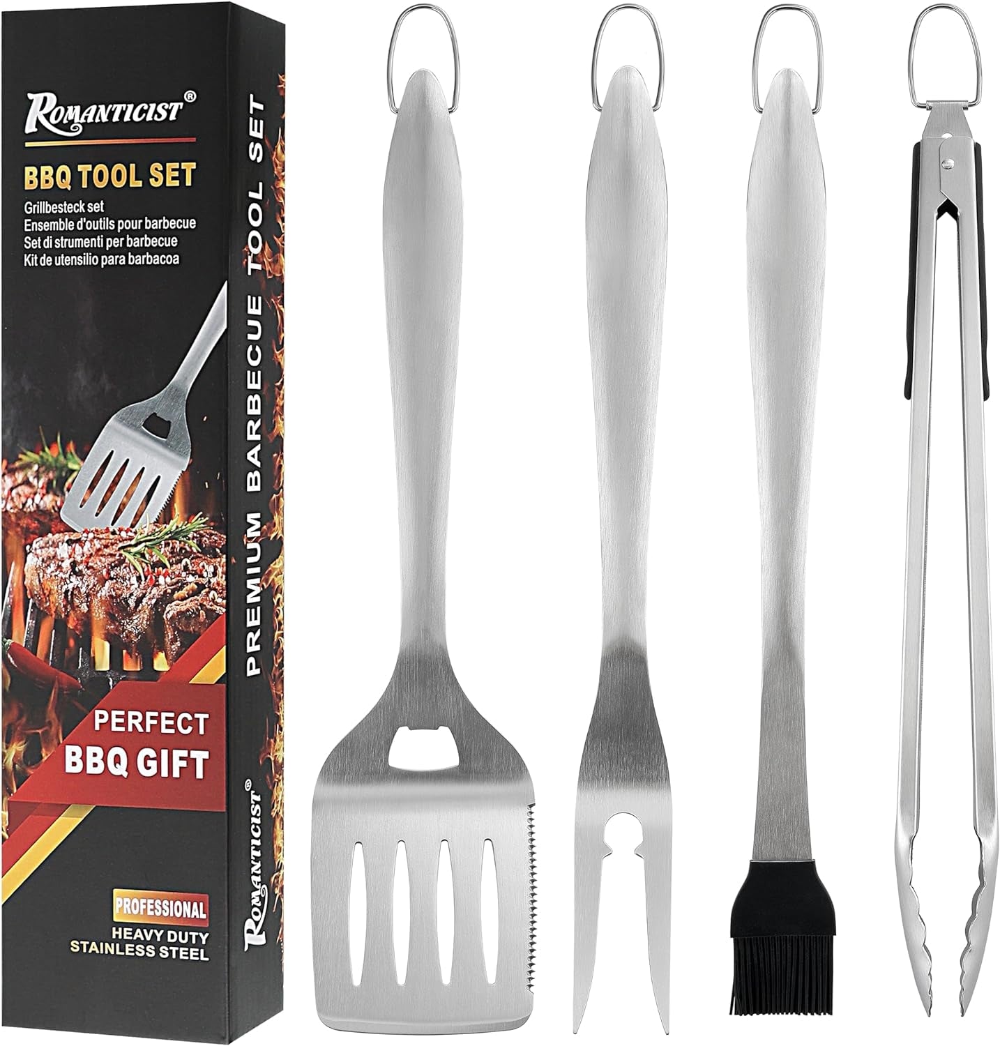 ROMANTICIST 4Pc Heavy Duty Grill Accessories for Top Chef - Professional Grill Tools Set & Basic BBQ Tools for Backyard Restaurant Outdoor Kitchen - Deluxe Grill Gift for Dad on Father'S Day Birthday