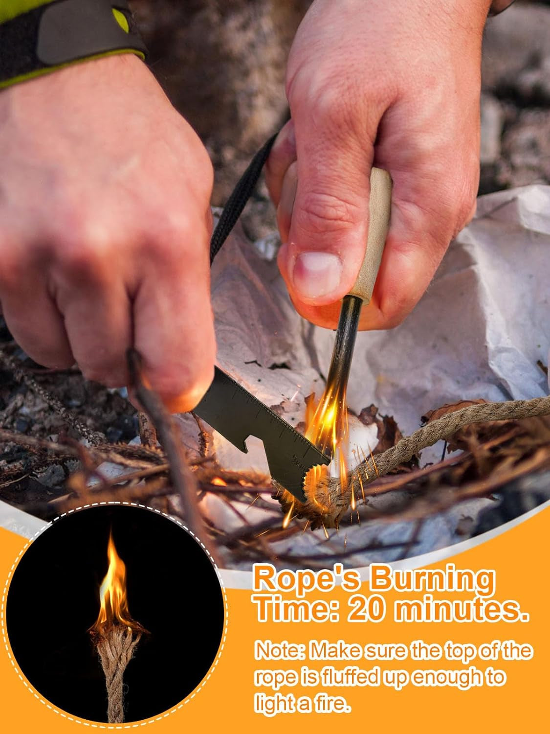 Fire Starter Survival Tool. Fire Starter Kit Includes Magnesium Rod Steel Striker. 2 Pcs Wick Hemp Rope & Multifunctional Outdoor Bag / 50 Pcs Wax-Soaked Fire Plugs. Fire Starters for Campfires - Image 5