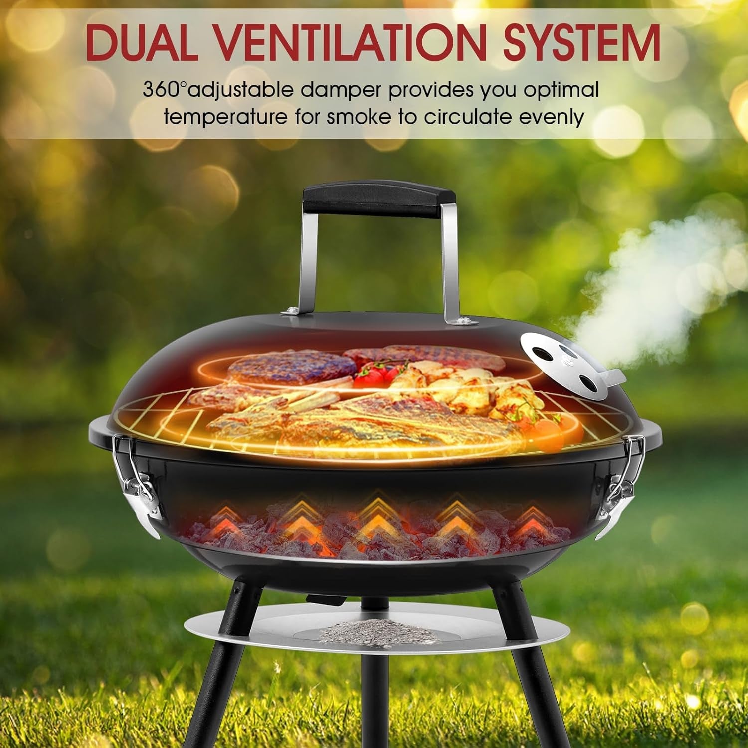 Hasteel 14 Inch Charcoal Grill. Small Black Enamel Outdoor BBQ Grill. Mini Flat Top Kettle Barbecue Grill with Screwdriver. Portable for Backyard Garden Camping Cooking Smoking. Dual Venting System - Image 6