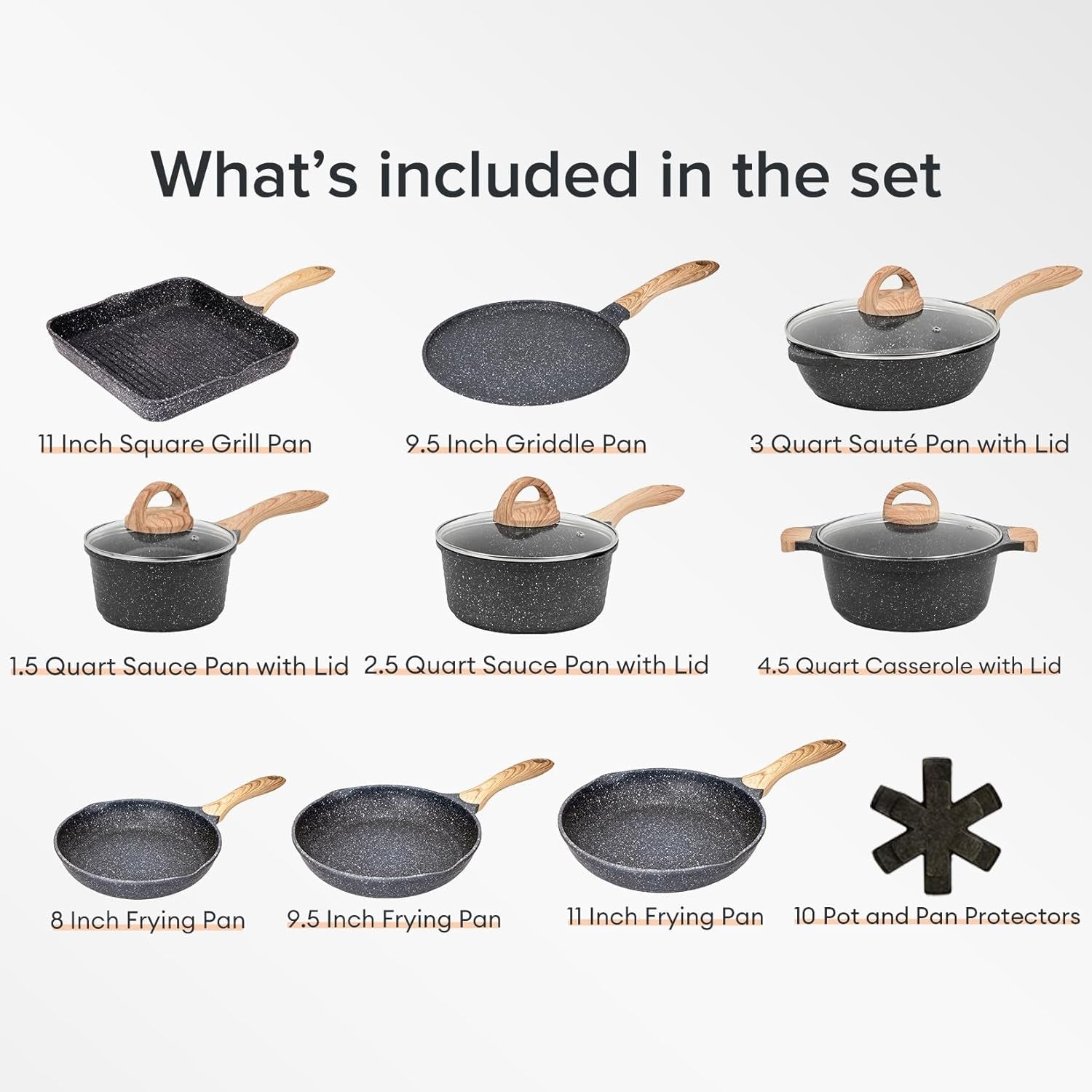 JEETEE Pots and Pans Set Nonstick 23Pcs. Healthy Kitchen Cookware Sets. Induction Cooking Set W/Gray Granite Stone Frying Pans. Saucepans. Sauté Pan. Griddle Pan & Crepe Pan (PFOA Free) - Image 2