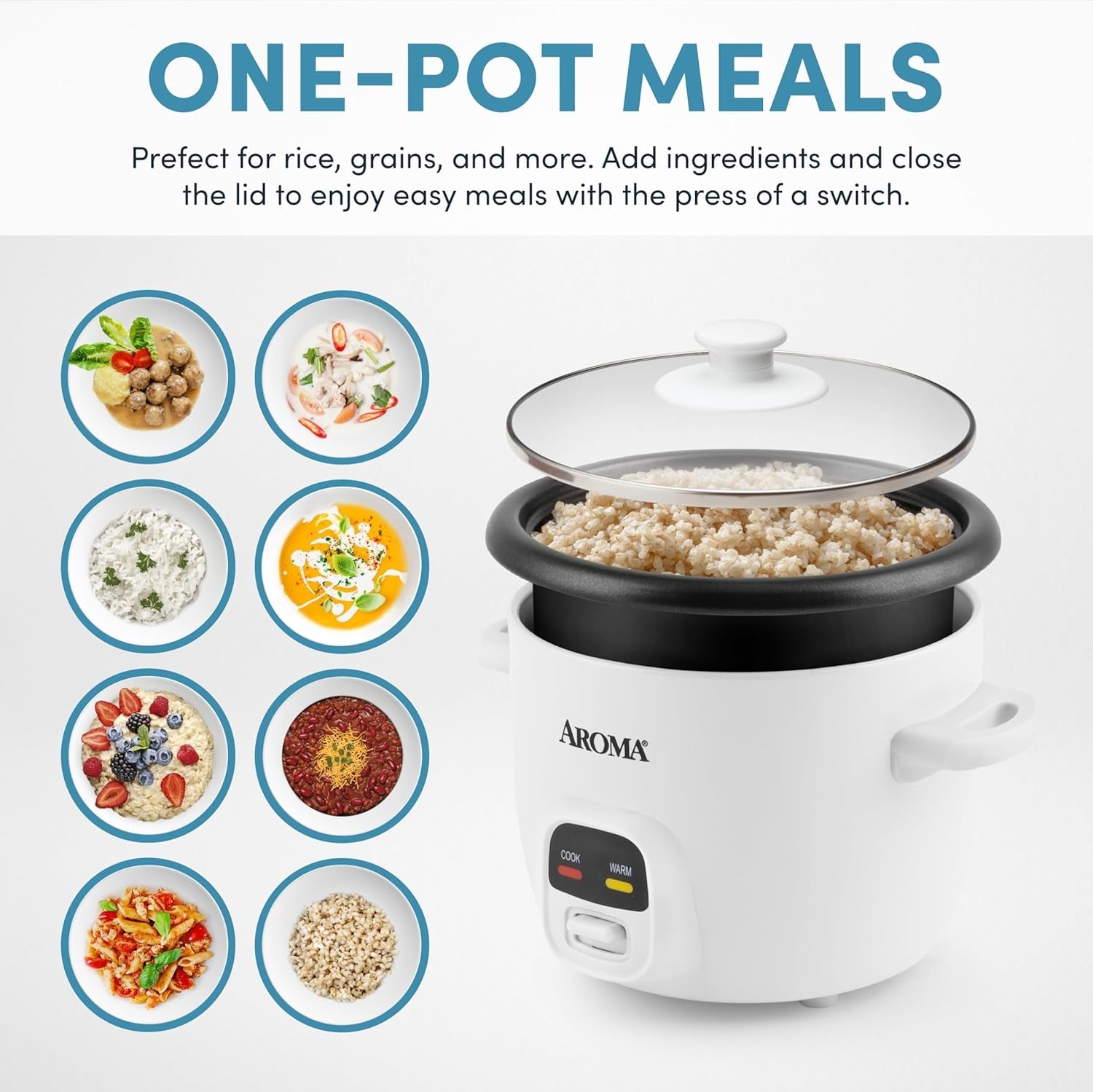 AROMA Rice Cooker. 3-Cup (Uncooked) / 6-Cup (Cooked). Small Rice Cooker. Oatmeal Cooker. Soup Maker. Auto Keep Warm. 1.5 Qt. White. ARC-393NG - Image 2