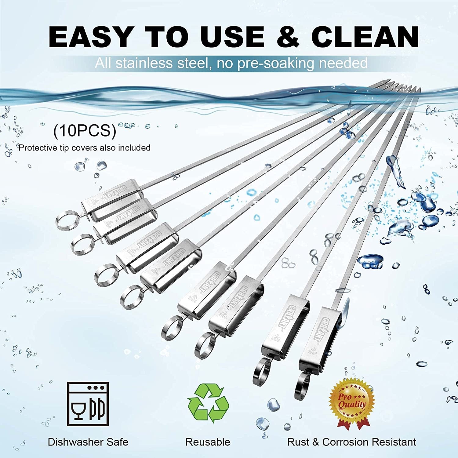 GRILLART Kabob Skewers for Grilling - Metal Skewers for Kabobs with Slider - Flat BBQ Skewers Stainless Steel - 17 Shish Kabob Grill Skewers & Ideal Kabob Sticks for Meat Shrimp Chicken Veggie(10Pcs) - Image 6