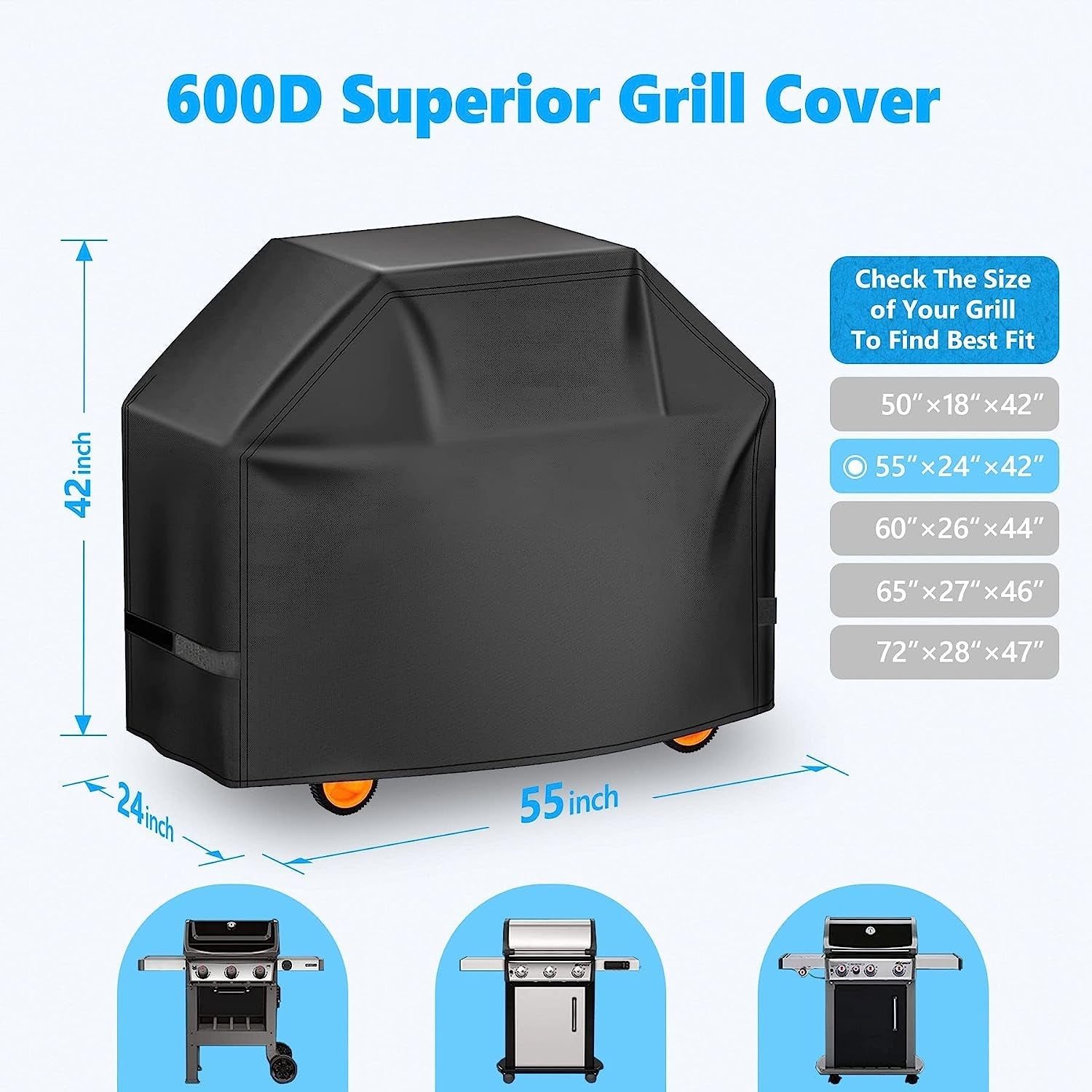Homwanna Grill Cover 55 Inch - Superior Gas Grill Cover for Outdoor Grill - 600D outside BBQ Covers Waterproof Heavy Duty for Weber. Dyna-Glo. Char-Broil. Nexgrill. Brinkmann. Monument Barbecue Grill - Image 2