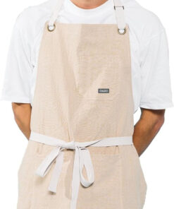 Linen Kitchen Apron for Cooking- Mens and Womens Linen Bib Apron for Professional Chef. Server. or Barista- Adjustable with Pockets (Bone)