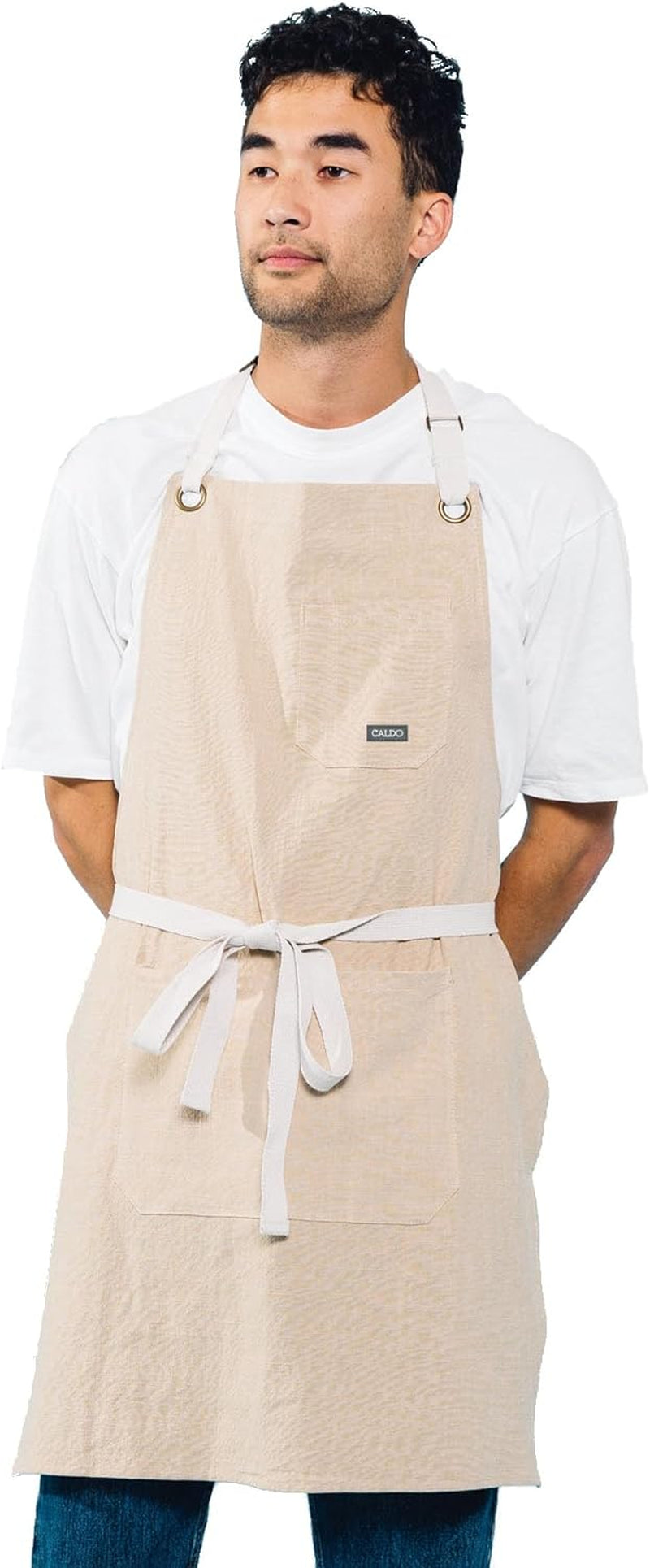 Linen Kitchen Apron for Cooking- Mens and Womens Linen Bib Apron for Professional Chef. Server. or Barista- Adjustable with Pockets (Bone)