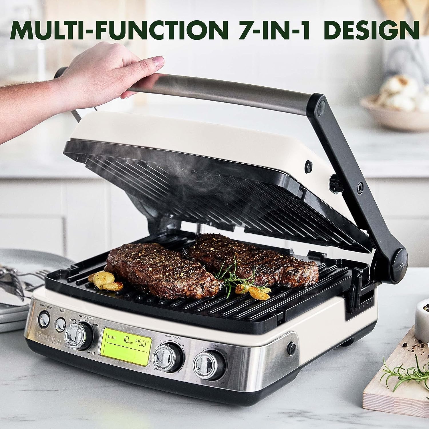 Elite 7-In-1 Multi-Function Contact Grill & Griddle. Healthy Ceramic Nonstick Aluminum. Two Sets of Grill & Waffle Plates. Adjustable Shade & Shear. Closed Press/Open Flat Surface.Cream White - Image 3