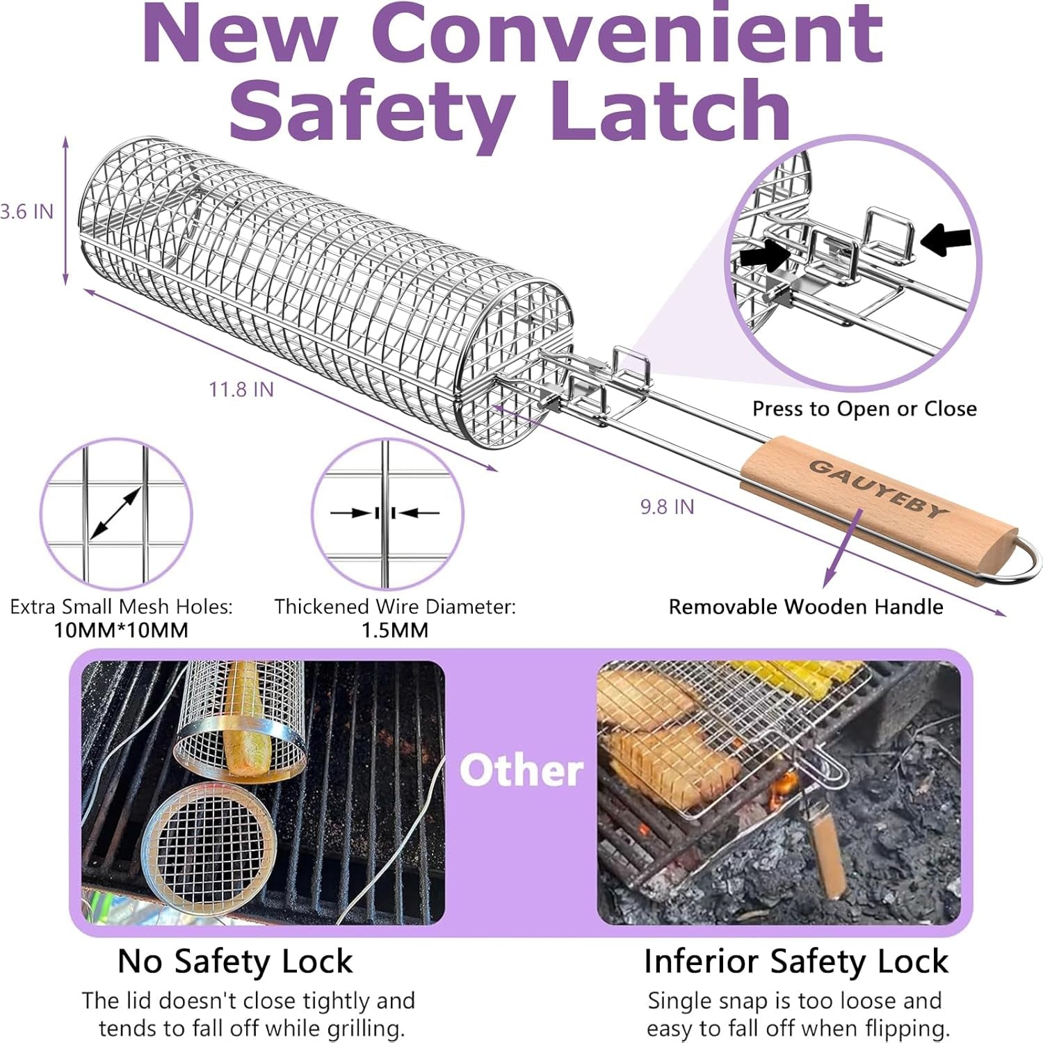 Rolling Grill Basket. Grill Baskets for Outdoor Grill. REMOVABLE HANDLE. Anti-Scorch Stainless Steel BBQ Net Tube for Meat. Shrimp. Vegetables. Grill Accessories. Gifts for Dad. Husband (Round) - Image 5