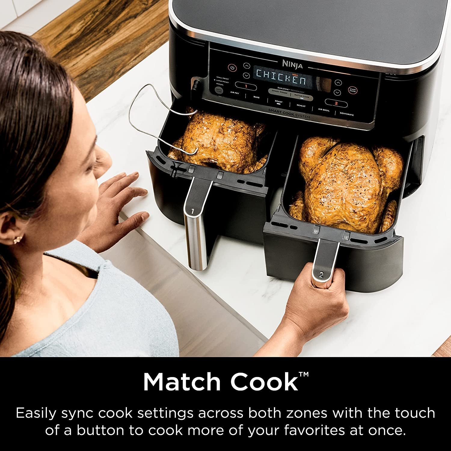 DZ550 Foodi 10 Quart 6-In-1 Dualzone Smart XL Air Fryer with 2 Independent Baskets. Thermometer for Perfect Doneness. Match Cook & Smart Finish to Roast. Dehydrate & More. Grey - Image 8